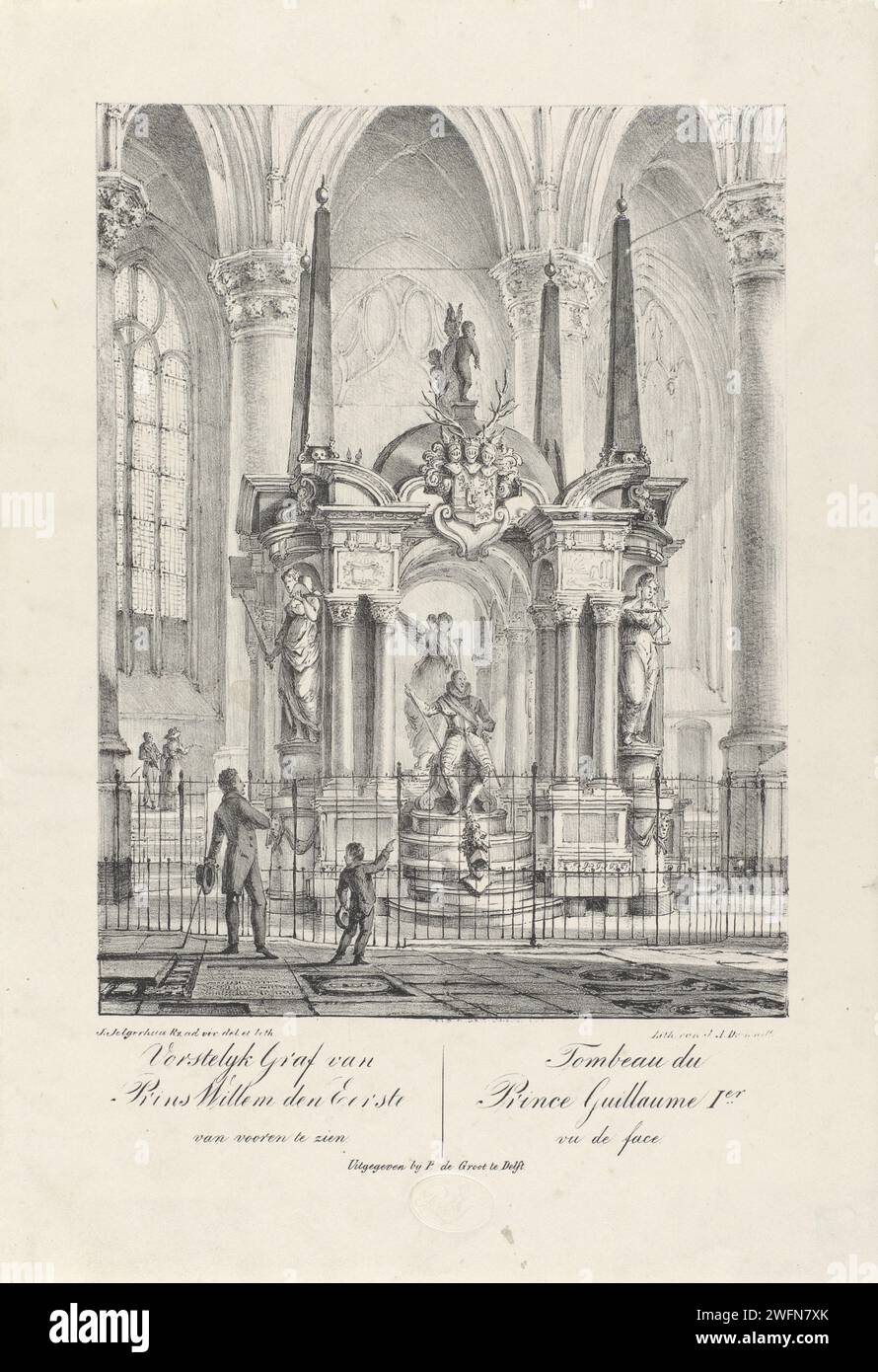Graftombe de Guillaume Ier, Prince d'Orange, 1623, Johannes Jelgerhuis, 1796 - 1850 gravure Graftombe ou Praalgraf de Willem Ier dans la Nieuwe Kerk à Delft, achevée en 1623. Vu de face avec l'image du prince assis. Avec des visiteurs autour de la clôture. Dans la marge inférieure deux colonnes avec trois lignes de texte néerlandais et trois lignes de texte français. Imprimeur : Northern Netherlandsprinter : Low CountriesPublisher : Delft paper tombeau-building, monumental tombeau. intérieur de l'église. Personnes historiques Nouvelle église. Delft Banque D'Images