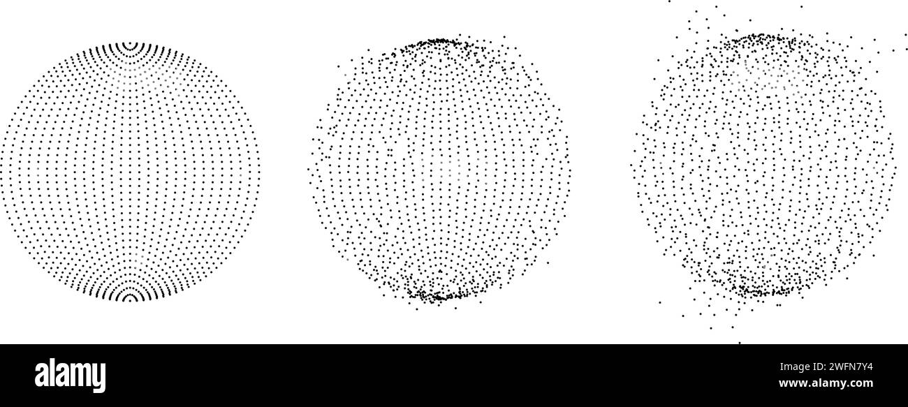 Ensemble de sphères pointillées avec effet fondu. Collection de cercles de désintégration de stipples. Boules texturées en demi-teinte avec grain de travail de point de bruit. Particules grunges radiales. Faisceau de bulles SPHERIQUES DOTEES. Pack Vector Illustration de Vecteur