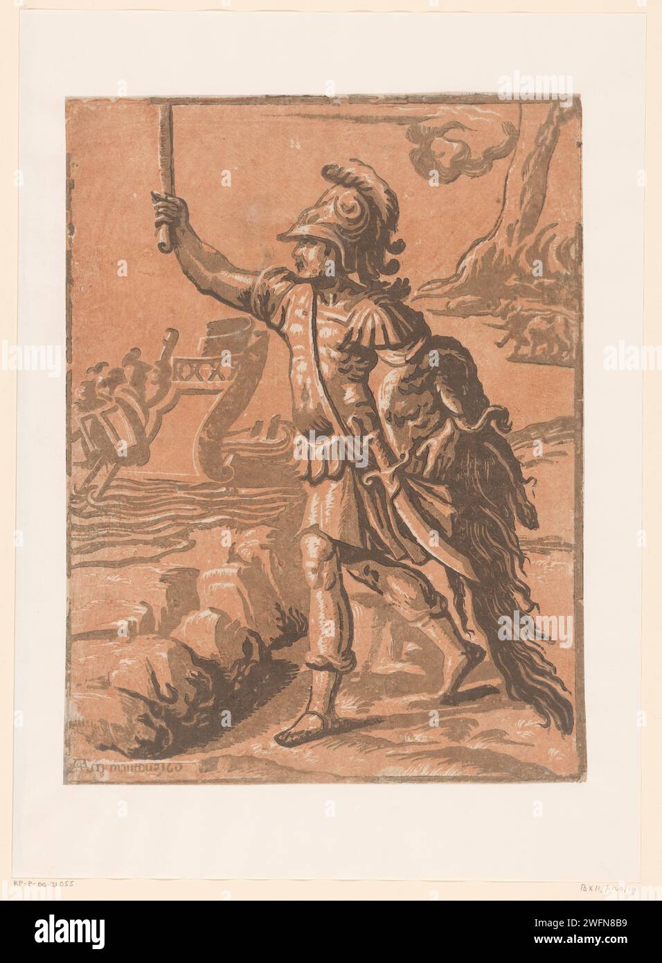 Jason avec les Vlies d'Or, Anonyme, d'après Parmigianino, 1601 - 1609 print Jason habillé en armure avec l'épée levée après avoir gagné la Toison d'Or. Après conception par : ItalyPublisher : papier Mantoue la Toison d'or, accrochée à un chêne, est saisie par Jason. Les Argonautes et Médée embarquent, poursuivis par les Colchiens Banque D'Images