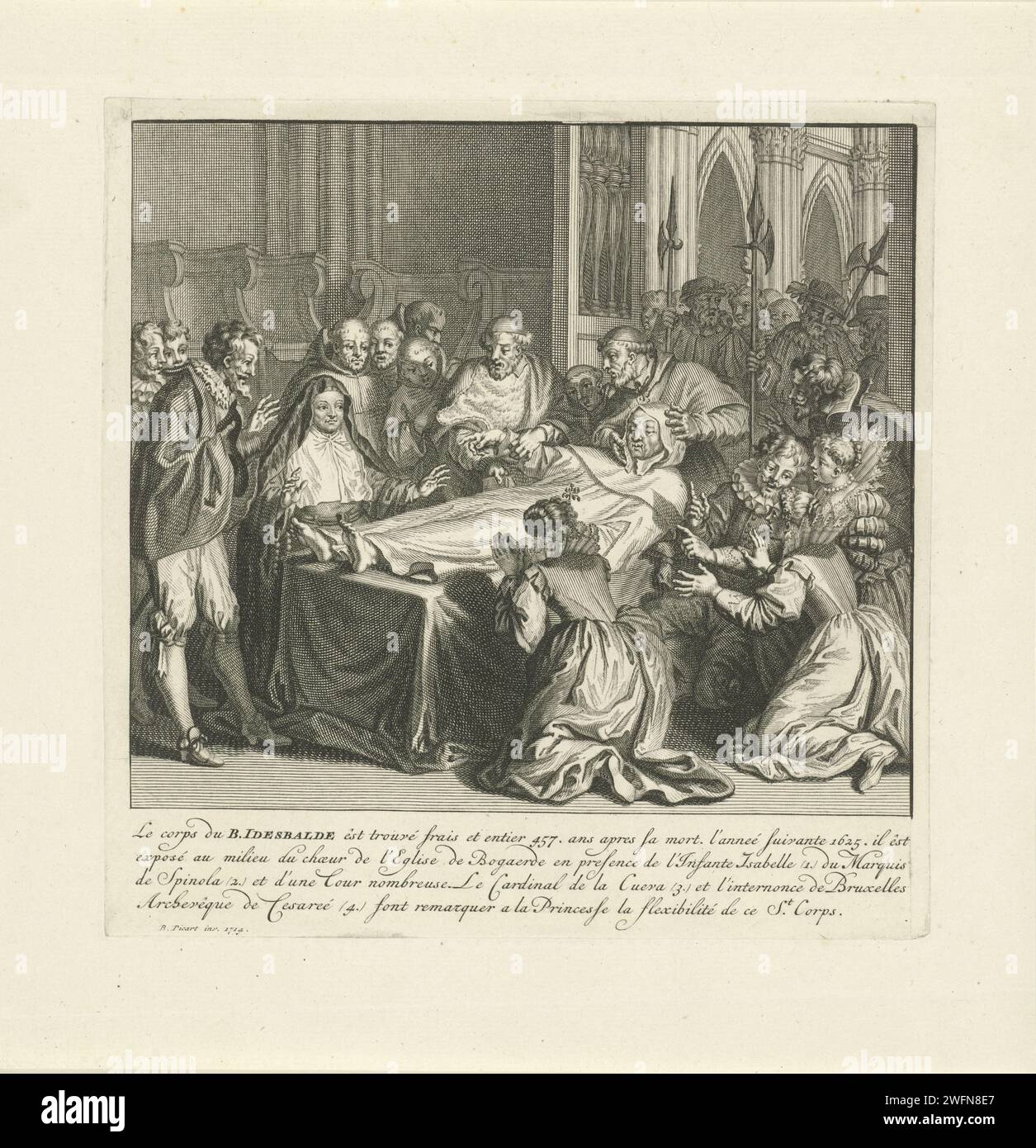 Corps non digéré dégainé de St. Idesbald, 1625, Bernard Picart (atelier ou), d'après Bernard Picart, 1714 imprimer le corps merveilleusement non digéré du béatifié Idesbald van der Gracht (Ter Duinen), enterré en 1167 et trouvé en 1625 (ou 13 novembre 1623) dans l'abbaye d'onze-Lieve-Vrouw ten Duinen à Koksijde et exposé à l'Abbeyhoeve ten Bogaerde. Un groupe de spectateurs a été rassemblé autour du corps sur un lit de jetée, dont Isabella Clara Eugenia et Ambrogio Spinola. Dans la marge, une légende de quatre lignes en français. Amsterdam gravure sur papier / gravure de saints mâles (avec NOM). ouverture de g Banque D'Images