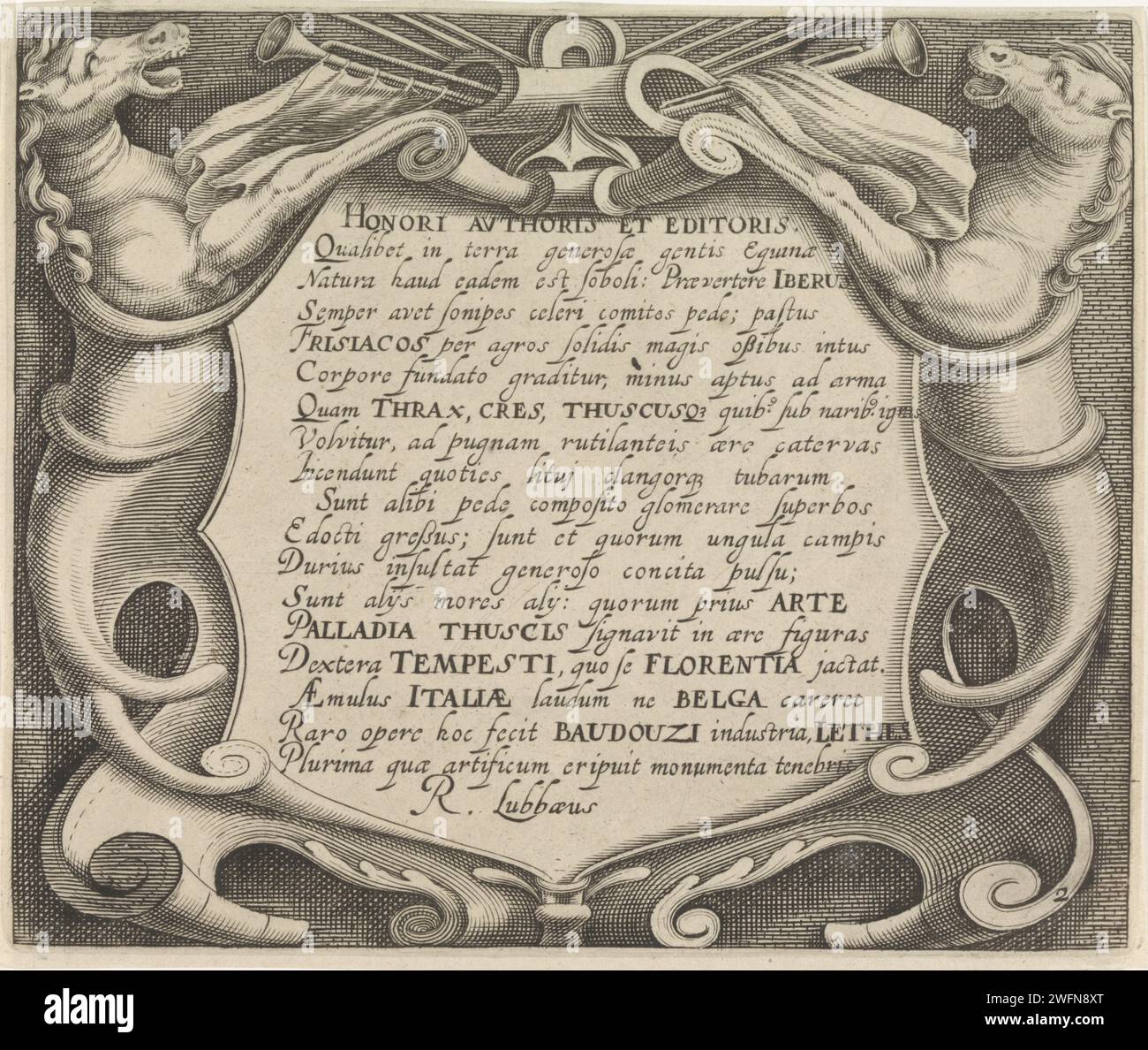 Tirage titre avec cartouche pour une série de races de chevaux, Egbert van Panderen, d'après Antonio Tempesta, c. 1590 - 1637 print texte en latin dans cartouche, décoré de deux chevaux et d'instruments à vent. Tirage de titre pour une série de trente avec des races de chevaux. Amsterdam ornement gravure papier  cartouche (+ ornement animé par des formes animales). corne, trompette, cornet, trombone, tuba Banque D'Images