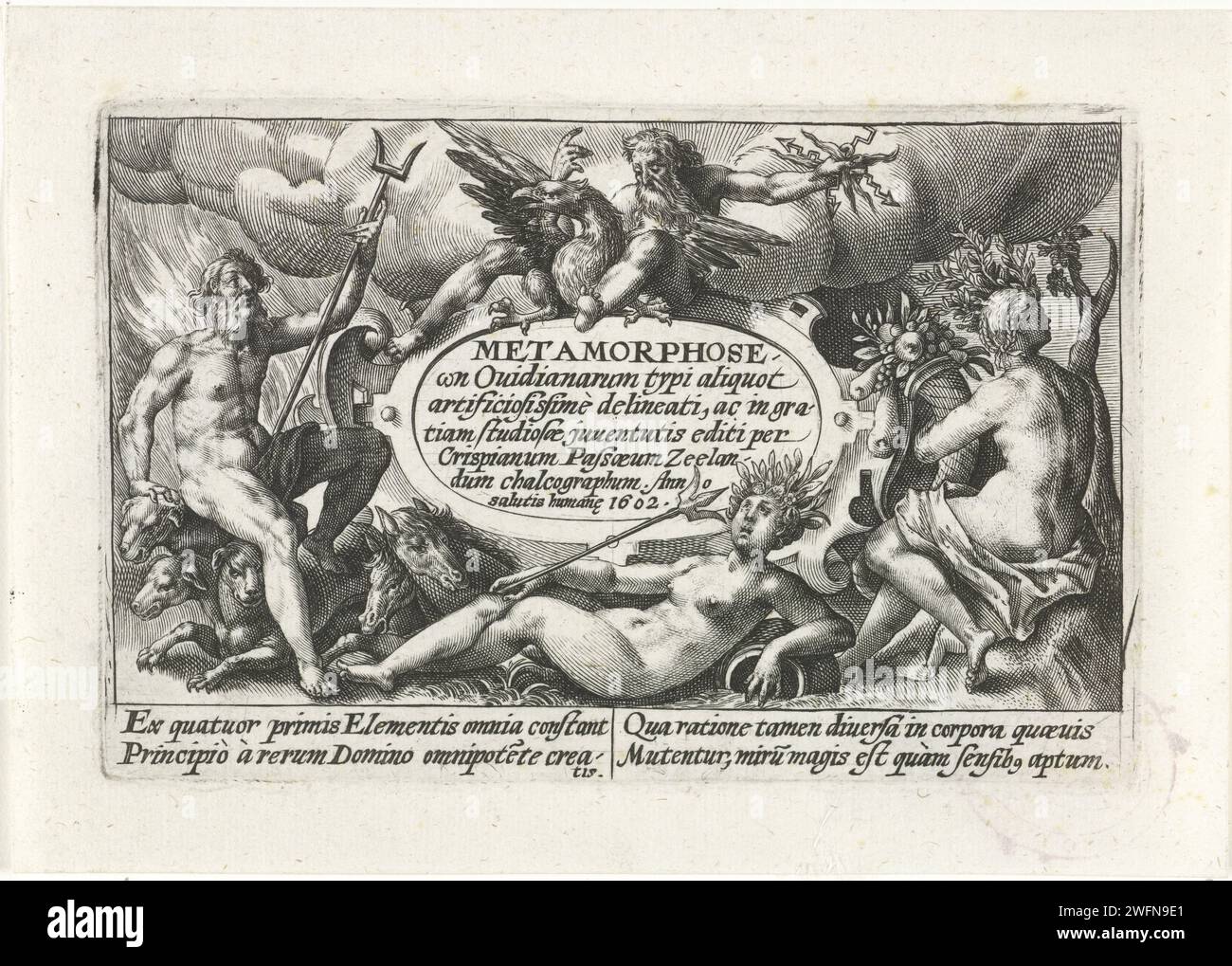 Les quatre éléments, Crispijn van de passe (I), 1602 print tirage titre pour une série de scènes des métamorphoses d'Ovidius. Au milieu un cartouche avec le titre de la série en latin. Autour de lui les personnifications des quatre éléments : Pluton sur Cerbère (feu), Jupiter sur son aigle (air), Cérès avec une corne d'abondance (terre) et le ZeenIMF Amphitrite (eau). Dans la marge, une légende de quatre lignes, en deux colonnes, en latin. Papier Cologne gravant les quatre éléments, et éther, le cinquième élément (+ variante). (Histoire de) Pluton (Hadès), dis Pater, Orcus. (Histoire de) Jupiter (Zeus). (Histoire de) ce Banque D'Images