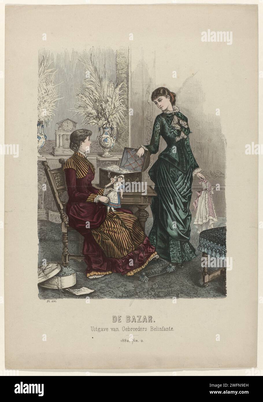 De Bazar, 1882, nr. 2, pl. 490, Anonyme, 1882 tirage du magazine de mode de Bazar, magazine illustré de modes et d'artisanat (1857-1900). Assiettes de mode en papier de la Haye. robe, robe (+ vêtements pour femmes). (jouer avec) poupées (+ équipement, tenue (sports, jeux, etc.)).. noeud (partie ornementale de vêtements) (+ vêtements pour femmes) Banque D'Images