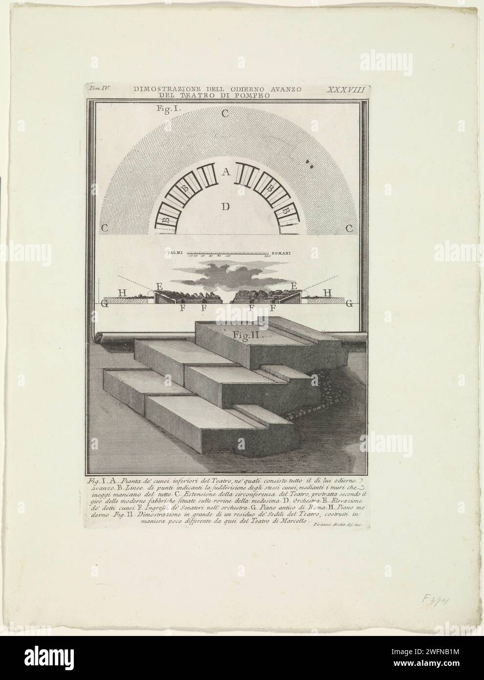 Reconstruction du théâtre de Pompée à Rome, Giovanni Battista Piranesi, c. 1756 - c. 1757 imprimer reconstruction du théâtre de Pompée à Rome avec une carte, le diamètre et les détails. Titre au milieu. Numéroté en haut à gauche : Tom. IV. Numéroté en haut à droite : XXXVIII. Liste explicative des lettres en STUDMARGE. Rome papier gravure ruine d'un bâtiment  architecture. théâtre (bâtiment). Plan  architecture Théâtre Van Pompeus Banque D'Images