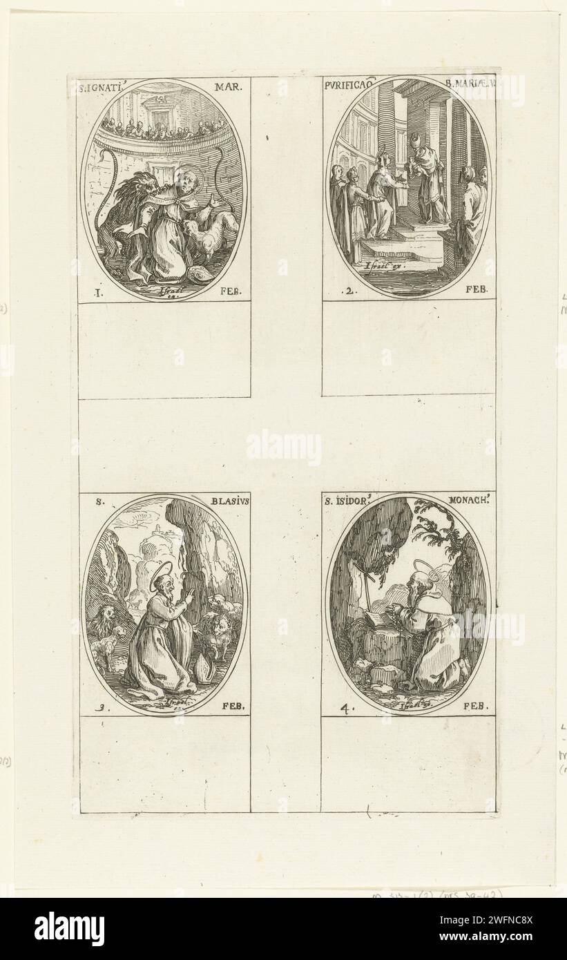 Saint Ignace d'Antioche, présentation du Christ dans le Temple (Marie-Lichtmis), Saint Blasius, Saint Isidorus van Pelusium (1-4 février), Jacques Callot, 1632-1636 feuille d'impression avec quatre représentations ovales, chacune avec inscription et date en latin : en haut à gauche du Saint Ignace attaqué dans une arène par des animaux sauvages, en haut à droite l'enfant Christ remis par Marie à un prêtre, en bas à gauche le saint Blasius entouré d'animaux sauvages, en bas à droite le Saint Isidore priant dans le désert à une croix. Cette estampe fait partie d'une série d'estampes avec des représentations des saints Banque D'Images