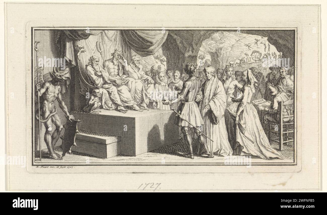 Jugement de Pluton, Bernard Picart, 1727 print Pluton, le dieu des enfers, est assis sur son trône pour juger les âmes des défunts. Une procession de personnes historiques décédées - y compris Erasmus - s'est réunie pour lui. En arrière-plan, le Tartarus, la partie du monde souterrain où les damnés sont punis. Amsterdam gravure sur papier / gravure Pluton comme roi du monde souterrain. Tartarus (et les condamnés qui y sont assignés) Banque D'Images