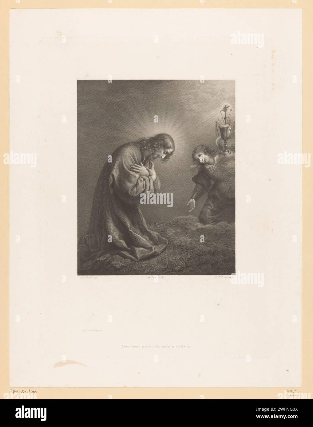 Christus in de Hof Van Getsemane, Jacob Felsing, d'après Carlo Dolci, d'après Gerolamo Tubino, 1828 print papier de Mannheim gravant la prière du Christ dans le jardin de Gethsémani pendant la nuit. anges. calice. « Arma Christi » Banque D'Images
