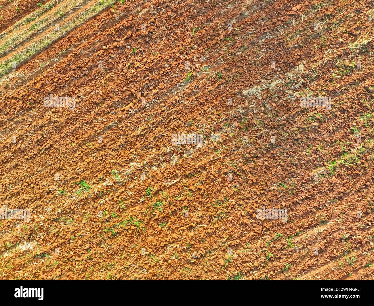 Vue aérienne d'un champ labouré agricole. Labour minimal pour des sols plus sains. Sol fertile dans la ferme agricole biologique. Conservation des sols. Maintenir Banque D'Images