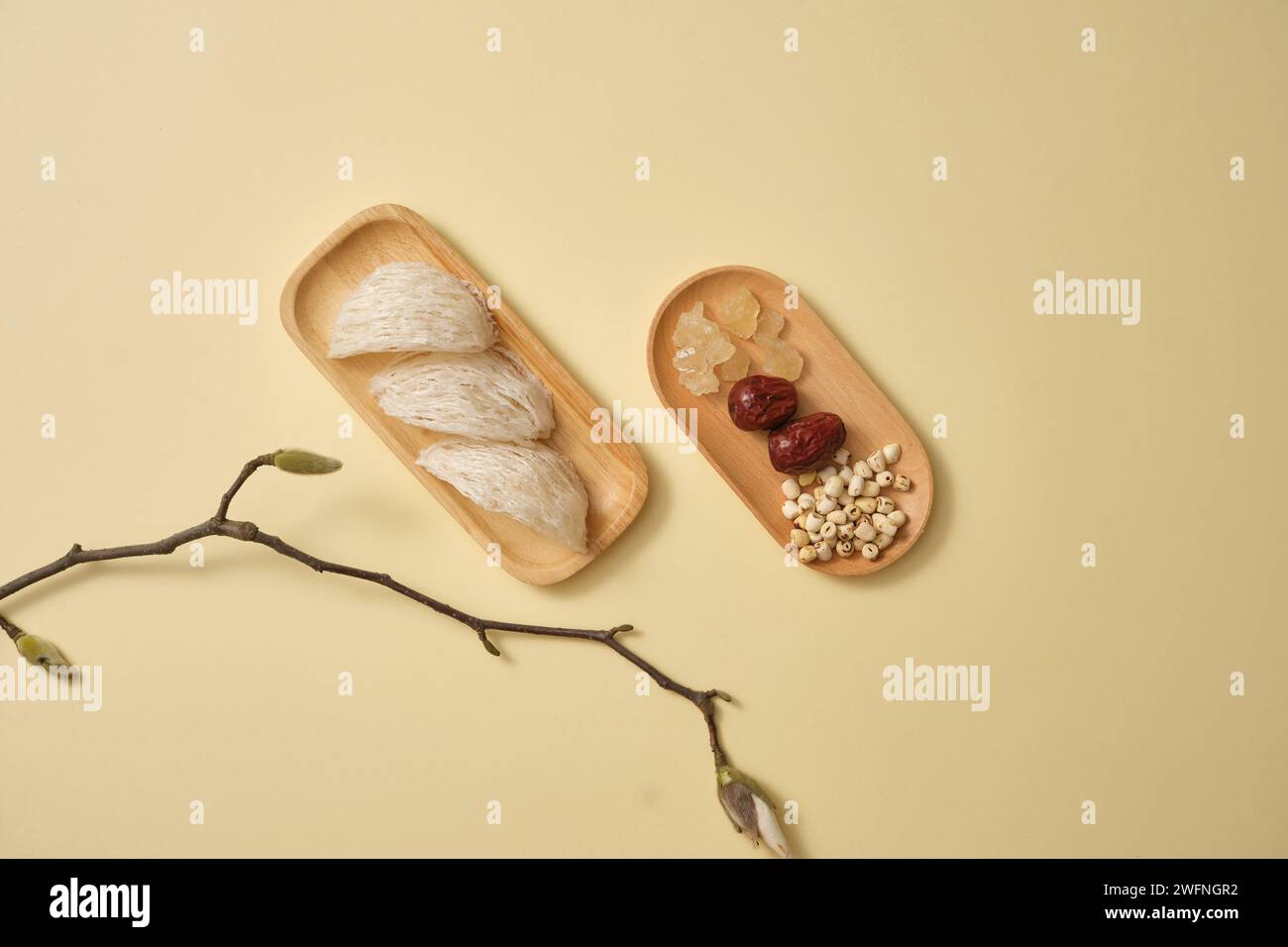 Nid d’oiseau comestible placé sur un plat en bois et un plat d’herbes, de graines de lotus, de jujube (ziziphus jujuba) et de sucre de roche. Fond clair. Nid d’oiseau a Banque D'Images