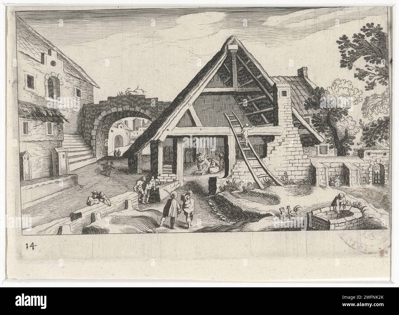 Visage de village avec la Sainte famille, Simon Frisius, d'après Matthijs Bril, 1611 imprimer visage de village avec une grande ferme en construction contenant la Sainte famille. Divers personnages autour de la ferme travaillent sur les activités quotidiennes. Imprimeur : Northern Netherlandspublisher : la Haye papier gravure de la ville en général ; 'veduta' - II - ville idéale. Marie, Joseph et le Christ nouveau-né (Nativité) Banque D'Images