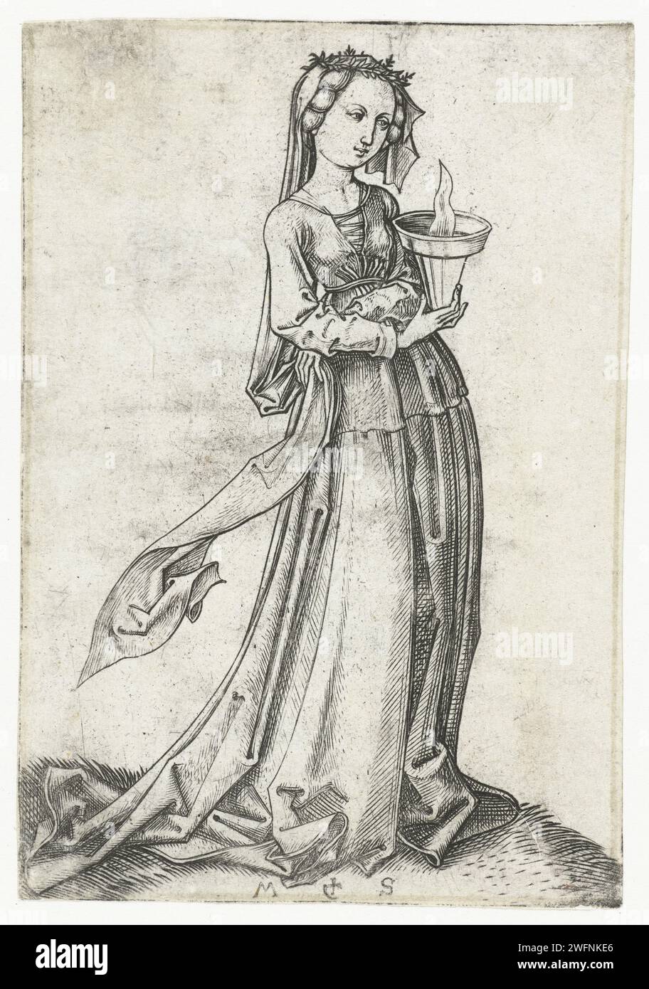 La quatrième sage Vierge, Martin Schongauer, c. 1470 - 1491 imprime l'une des cinq sages vierges de la parabole biblique, une lampe à huile brûlante dans la main, avec l'autre main tenant son voile sur sa taille. Cette estampe fait partie d'une série de dix estampes, cinq avec des vierges sages et cinq avec des vierges folles. Allemagne gravure papier représentation de vierge(s) sage Banque D'Images
