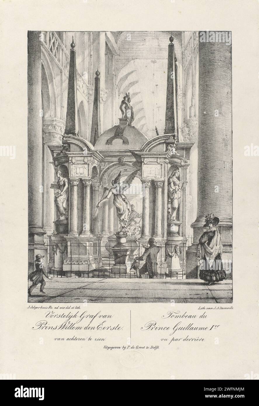 Graftombe de Guillaume Ier, Prince d'Orange, 1623, Johannes Jelgerhuis, 1796 - 1850 gravure Graftombe ou Praalgraf de Willem Ier dans la Nieuwe Kerk à Delft, achevée en 1623. Vue de derrière. Avec des visiteurs autour de la clôture. Dans la marge inférieure deux colonnes avec trois lignes de texte néerlandais et trois lignes de texte français. Imprimeur : Northern Netherlandsprinter : Low CountriesPublisher : Delft paper tombeau-building, monumental tombeau. intérieur de l'église. Personnes historiques Nouvelle église. Delft Banque D'Images