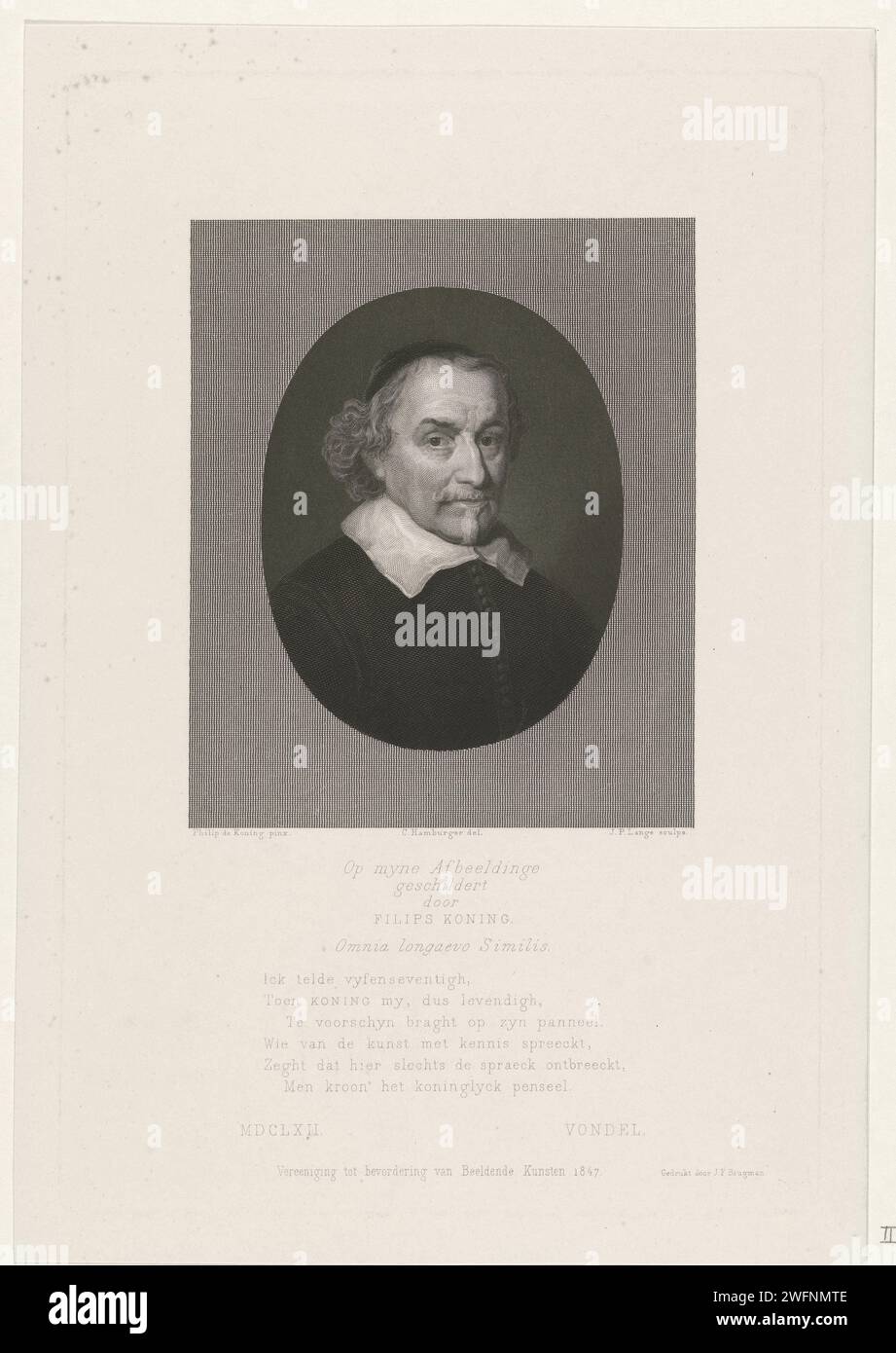 Portrait de Joost van den Vondel, Johannes Philippus Lange, d'après Philips Koninck, d'après Coenraad Hamburger, 1847 tirage Portrait buste ovale à droite du poète Joost van den Vondel, pieds nus. La marge contient une inscription, suivie d'un verset de six lignes en néerlandais. Gravure sur papier sur acier Amsterdam Banque D'Images