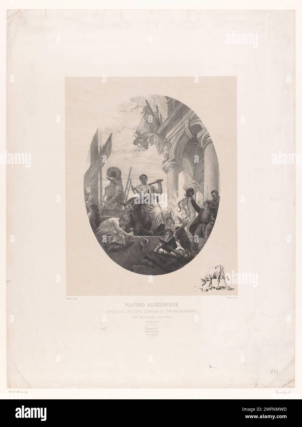Allégorie dans les différents quartiers du XIXe arrondissement de Paris, William Thornley, d'après Henri Gervex, 1880 - 1892 impression sous le spectacle une remarque d'une vache. Papier de Paris. bull. drapeau, couleurs (comme symbole de l'état, etc.) (+ nation ; national). bateau ou véhicule tiré par (fabuleux) animal(s) de la mer. Lecture de Paris Banque D'Images