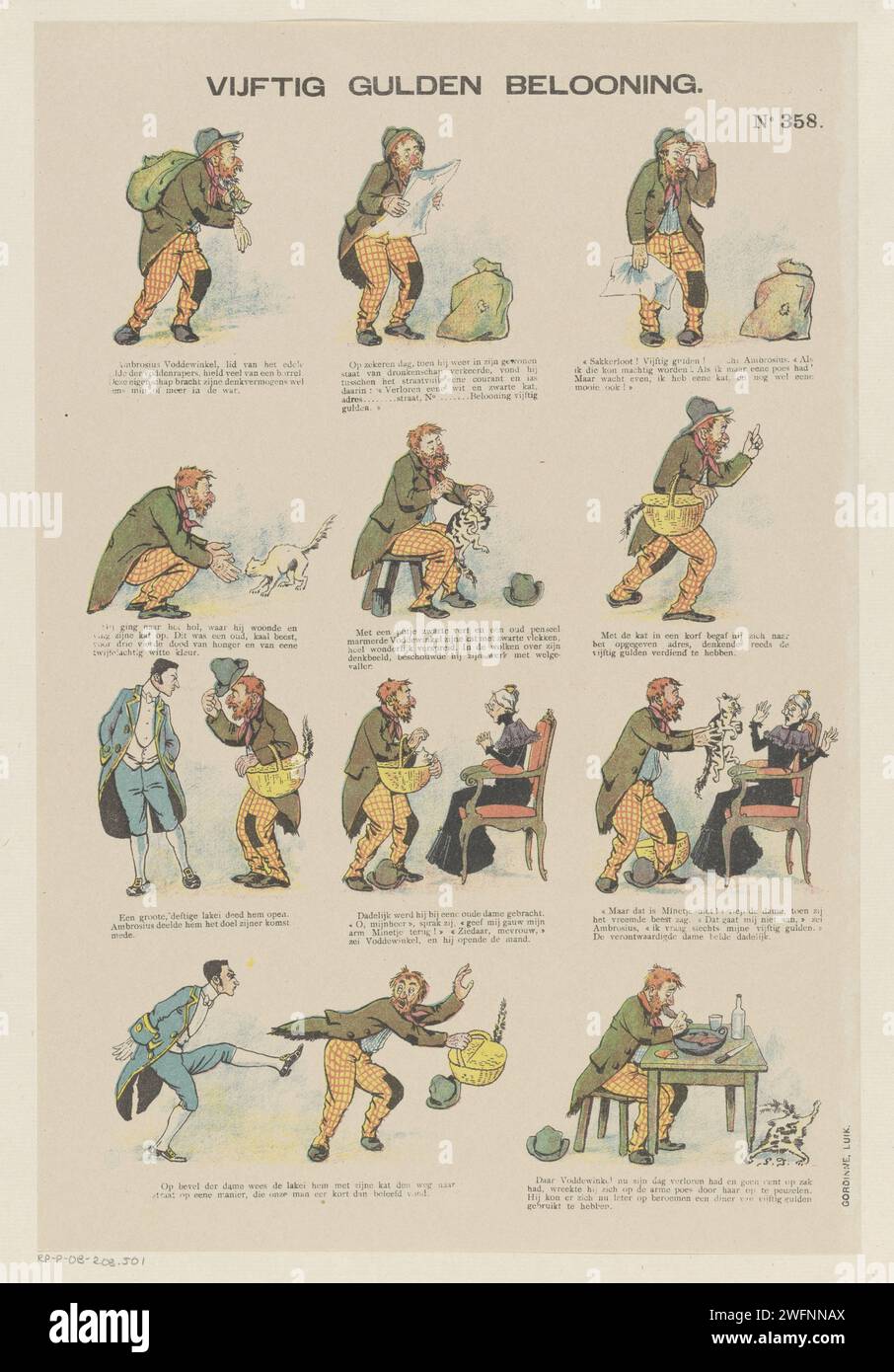 Cinquante florins récompense, 1894 - 1959 imprimer feuille avec 12 représentations sur Ambrosius Voddewinkel qui tente de gagner une récompense de cinquante florins avec une liste. Il donne à un chat blanc des taches avec de la peinture noire. Le propriétaire du chat disparu ne tombe pas dans la liste et envoie Ambrosius loin. Une légende sous chaque image. Numéroté en haut à droite : no 358. Cat. Impression typographique papier obturateur. couleurs, pigments et peintures Banque D'Images