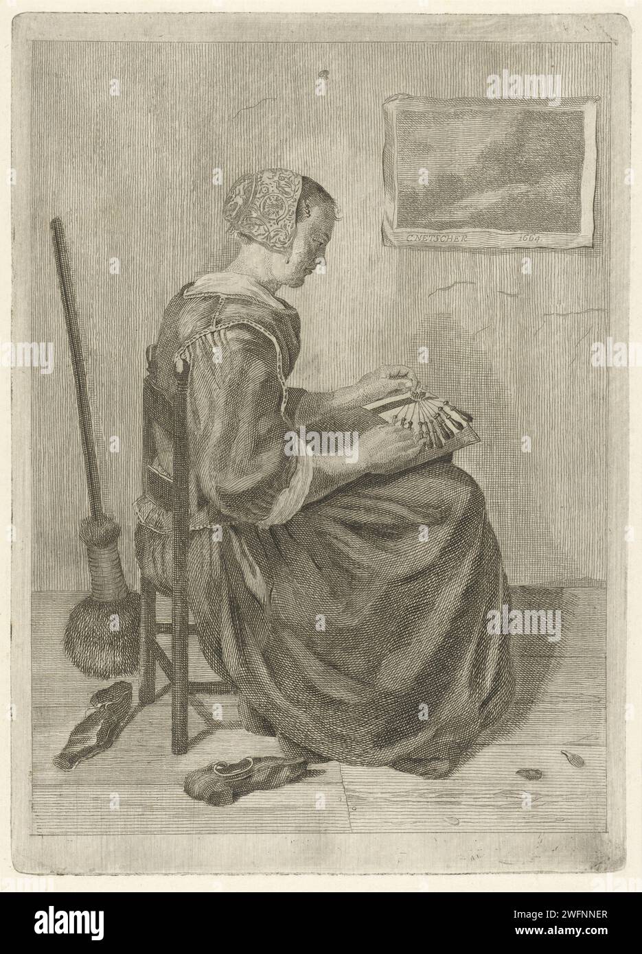 Côté fabricant, Pieter de Mare, d'après Caspar Netscher, 1768 - 1796 impressions Leiden gravure sur papier / gravure dentelle-fabrication Banque D'Images