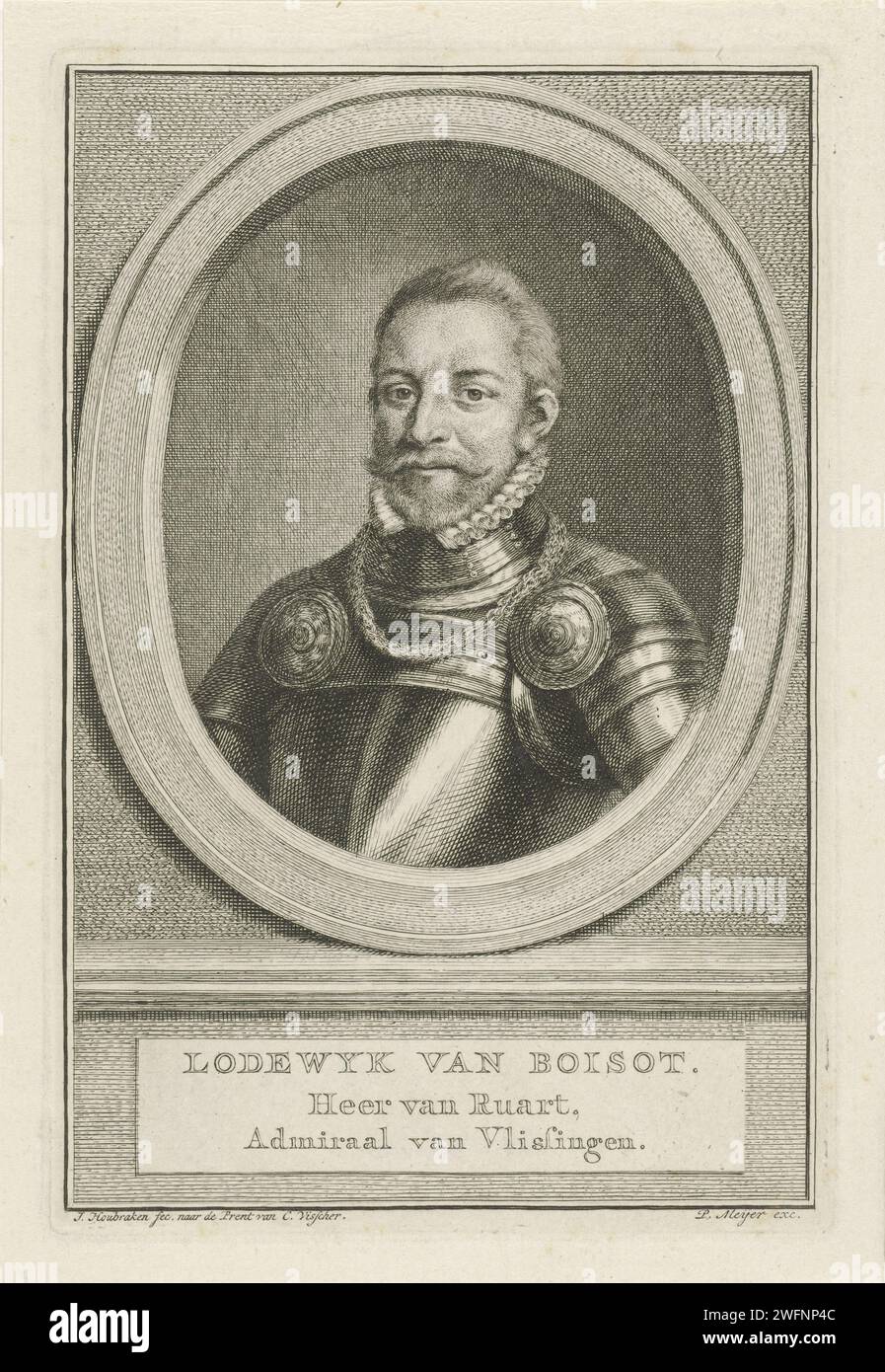 Portrait de Louis de Boisot, Jacob Houbraken, d'après Cornelis Visscher (II), buste imprimé en 1774 à gauche de Louis de Boisot dans un ovale. Sous le portrait son nom en deux lignes en néerlandais. Gravure sur papier Amsterdam Banque D'Images