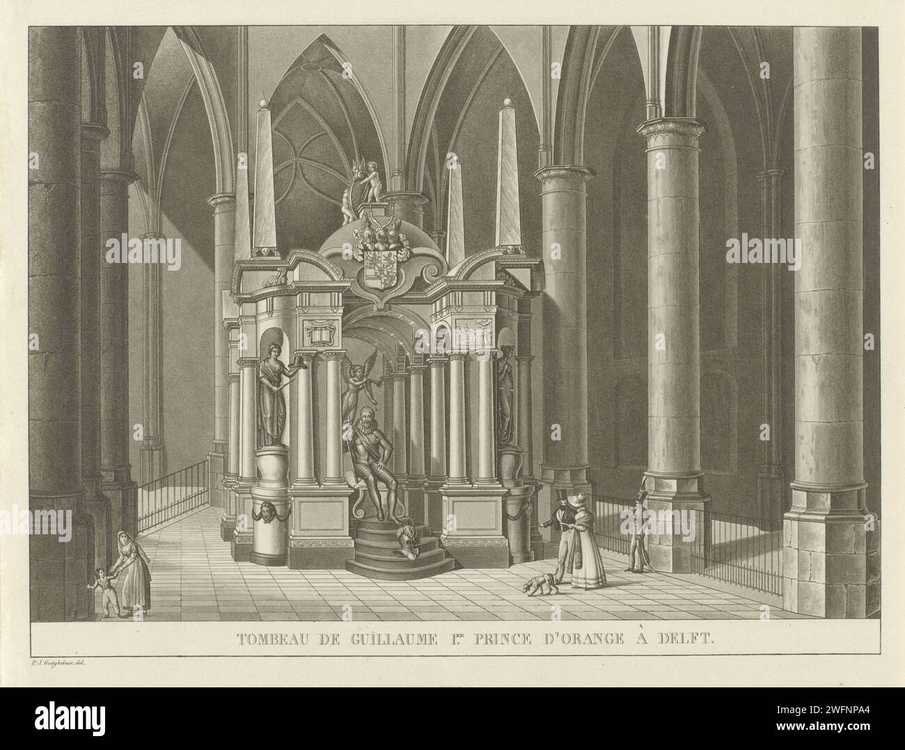Graftombe de Willem Ier, Prince d'Orange, 1623, Anonyme, d'après Pierre Jacques Goetghebuer, 1800 - 1871 estampe Graftombe ou Praalgraf de Willem Ier dans la Nieuwe Kerk à Delft, achevée en 1623. Vu de face avec l'image du prince assis. Bas pays gravure papier construction de tombes, tombe monumentale. intérieur de l'église. Personnes historiques Nouvelle église. Delft Banque D'Images