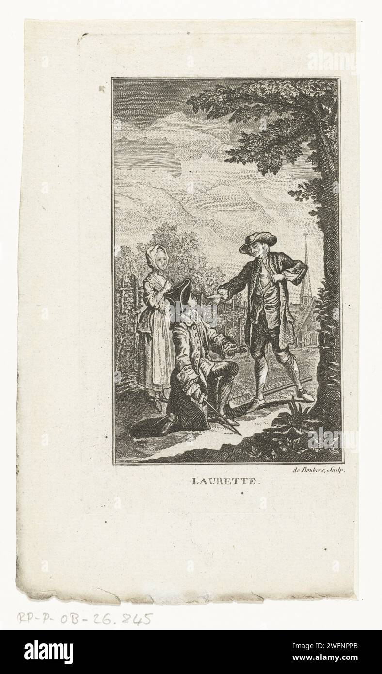 Labetinles in Larb van Vazzy, N. le Biobernz, d'après Bourse huis François règle, AEP 1765 - C était 1765 - C. 1780 imprimer Illustration pour l'histoire 'Laurette' de la collection d'histoires 'Contes Moreaus' de J.F. Marmontel. La pauvre mais belle fille de fermier Laurette danse à une fête du village avec le comte de Luzy. Il tombe amoureux de la fille et demande sa main à son père. De Graaf s'agenouille devant le fermier, Laurette se tient à côté d'eux. Imprimeur : Unknownafter design by : Paris papier gravure / gravure demandant la permission des parents de la mariée. couple marié d'inégal Banque D'Images