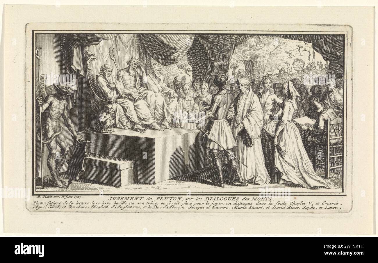 Jugement de Pluton, Bernard Picart, 1727 print Pluton, le dieu des enfers, est assis sur son trône pour juger les âmes des défunts. Une procession de personnes historiques décédées - y compris Erasmus - s'est réunie pour lui. En arrière-plan, le Tartarus, la partie du monde souterrain où les damnés sont punis. Dans la marge, une légende bidirectionnelle en français. Amsterdam gravure sur papier / gravure Pluton comme roi du monde souterrain. Tartarus (et les condamnés qui y sont assignés) Banque D'Images