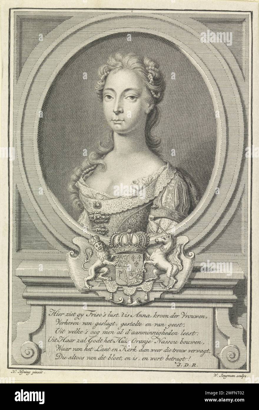 Portrait d'Anna van Hannover, Wouter Jongman, d'après Hans Hysing, 1734 - 1744 tirage Portrait d'Anna dans un ovale. Au milieu de son arme avec une couronne, un lion et une licorne. Six lignes de texte néerlandais sur un piédestal. Amsterdam gravure / gravure sur papier Banque D'Images