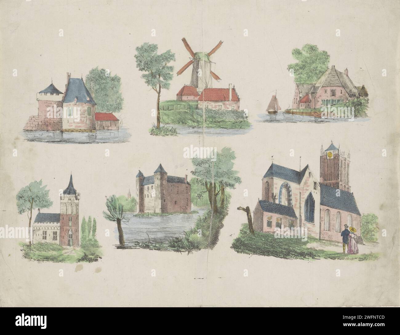 Bâtiments, frères Thompson, 1825 - 1829 imprimer feuille avec 6 représentations de divers bâtiments, dont un moulin, une ferme, une église et une écluse. Editeur : Rotterdamprint Maker : Netherlands paper Roman Catholic Church. moulin à vent. ferme (bâtiment). forteresse Banque D'Images