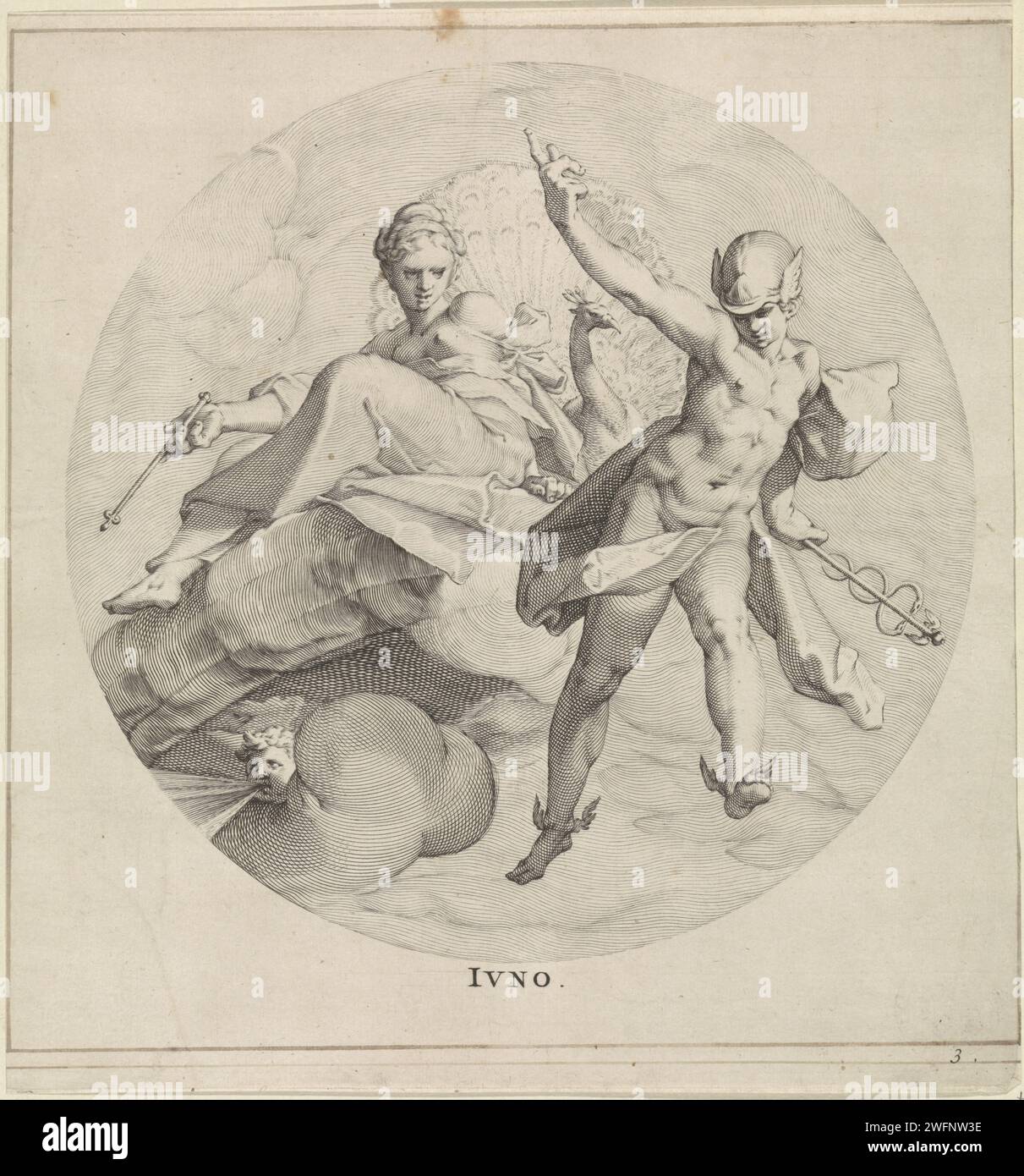 Juno, Egbert van Panderen, d'après Bartholomeus Spranger, c. 1590 - 1637 print Juno avec un sceptre à la main, assis sur un nuage. Derrière elle se trouve son attribut de Pauw. Elle regarde Mercure. Le spectacle est pris dans un cadre rond. Troisième tirage d'une série de trois avec des déesses. Gravure sur papier Anvers (histoire de) Juno (Hera). (Histoire de) Mercure (Hermès) Banque D'Images