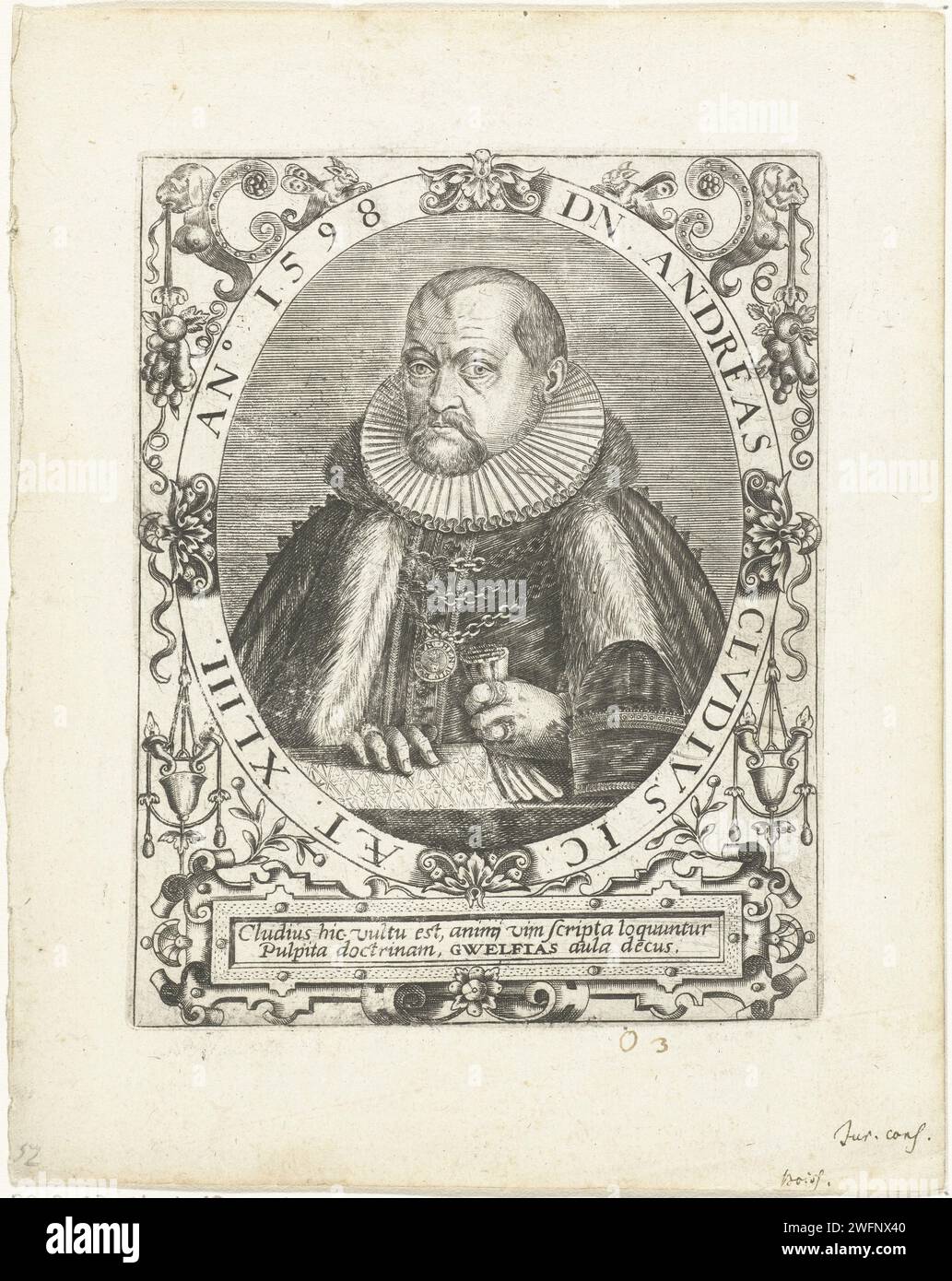 Portret van Andreas Cludius, Johann Theodor de Bry, d'après Jean Jacques Boissard, c. 1598 - c. 1599 tirage Portrait de l'avocat Andreas Cludius à l'âge de 63 ans, à Ovaal avec écriture de bord. Sous le portrait un cartouche avec un verset latin. Gravure sur papier Frankfurt am main Banque D'Images