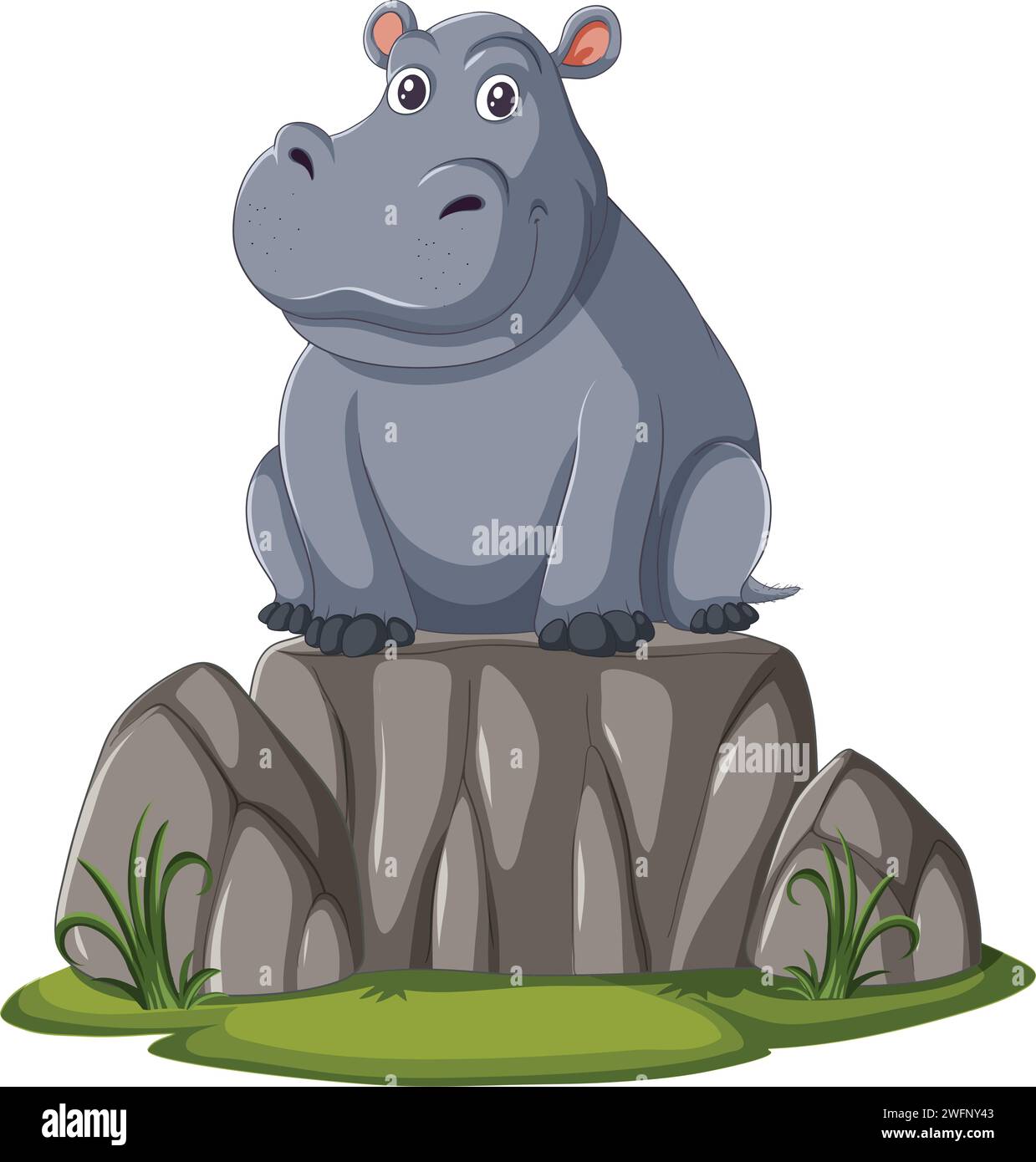 Un hippopotame de dessin animé joyeux assis au sommet des rochers. Illustration de Vecteur