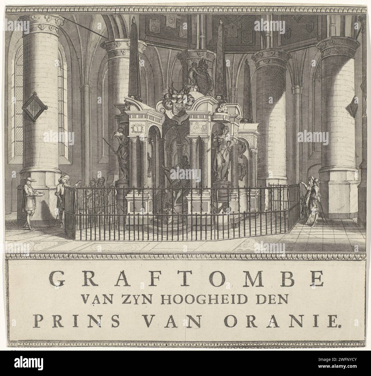 Graftombe de Willem I, Prince d'Orange, 1623, Anonyme, 1700 - 1799 tirage Graftombe ou Praalgraf de Willem I dans la Nieuwe Kerk à Delft, achevé en 1623. Vu de face avec l'image du prince assis. Avec le cadre et avec un titre imprimé séparément contre le dessous du spectacle. Gravure sur papier des pays bas / impression typographique tombe-bâtiment, tombe monumentale. intérieur de l'église. Personnes historiques Nouvelle église. Delft Banque D'Images