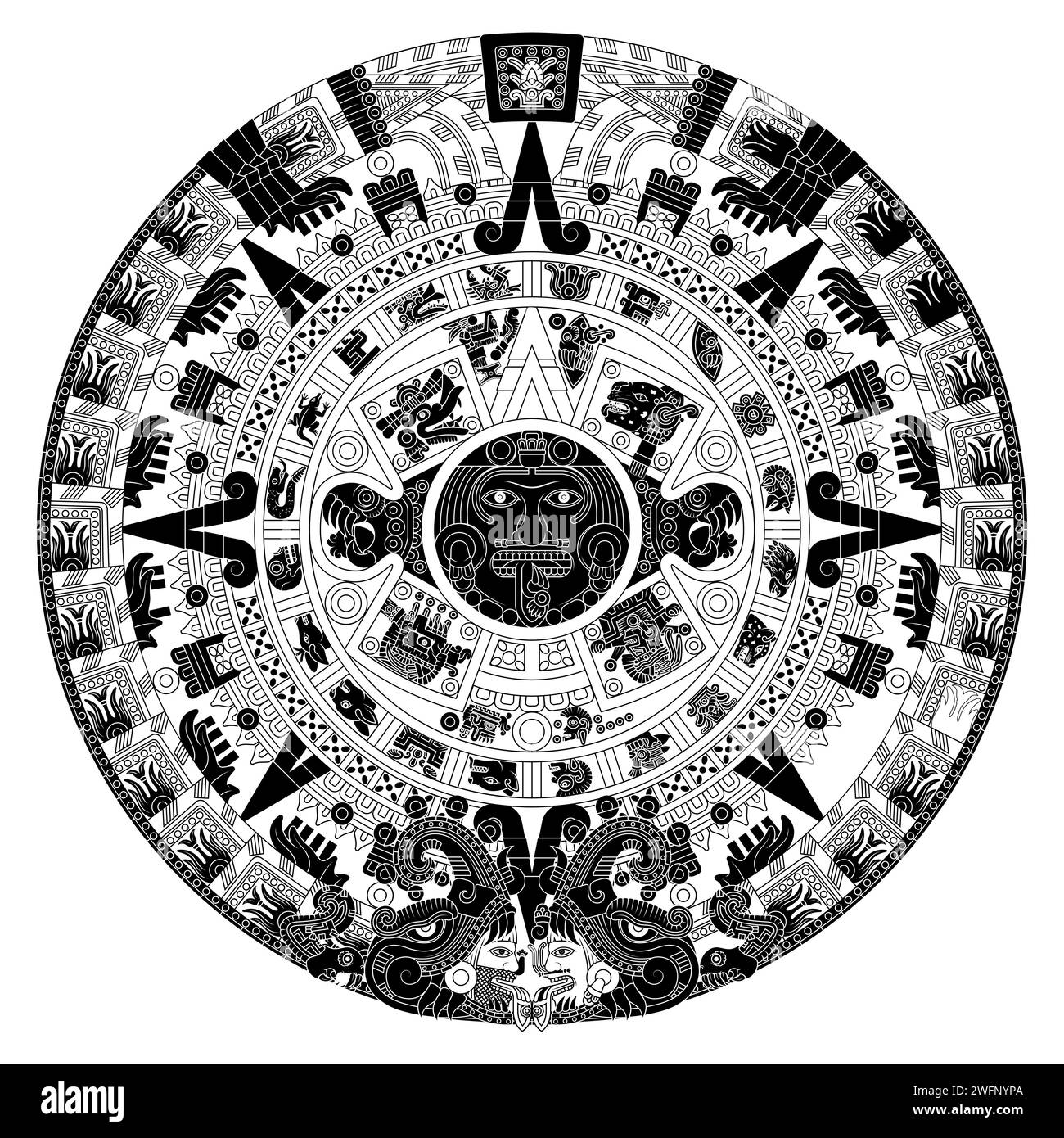 Conception vectorielle du calendrier aztèque, disque monolithique de l'ancienne Mexica, pierre solaire de la civilisation aztèque Illustration de Vecteur
