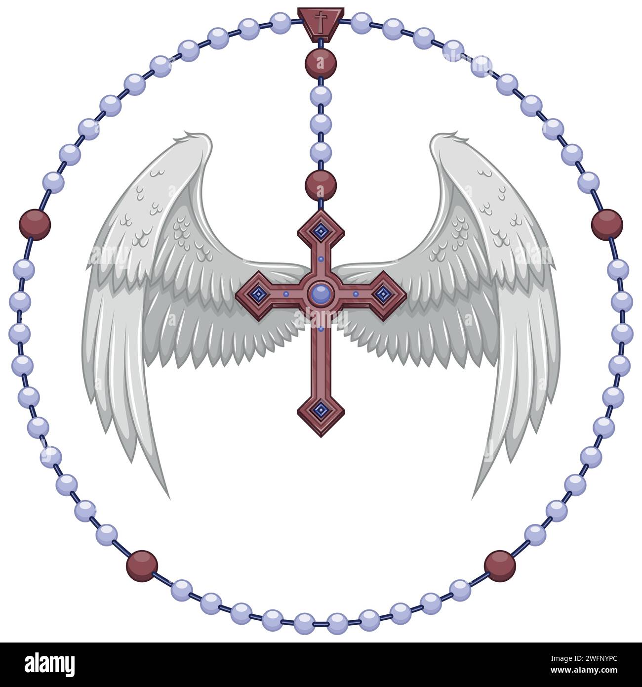 Conception vectorielle de croix ailée avec rosaire chrétien, croix céleste avec ailes, symbologie de la religion catholique Illustration de Vecteur