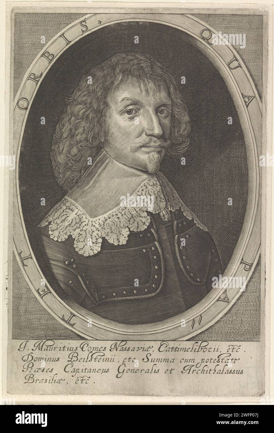 Portrait de Johan Maurits, comte de Nassau -Siegen, 1625 - 1699 tirage Portrait de Johan Maurits dans un ovale avec bord. Quatre lignes de texte latin dans la marge inférieure. Gravure / gravure sur papier des pays bas Banque D'Images