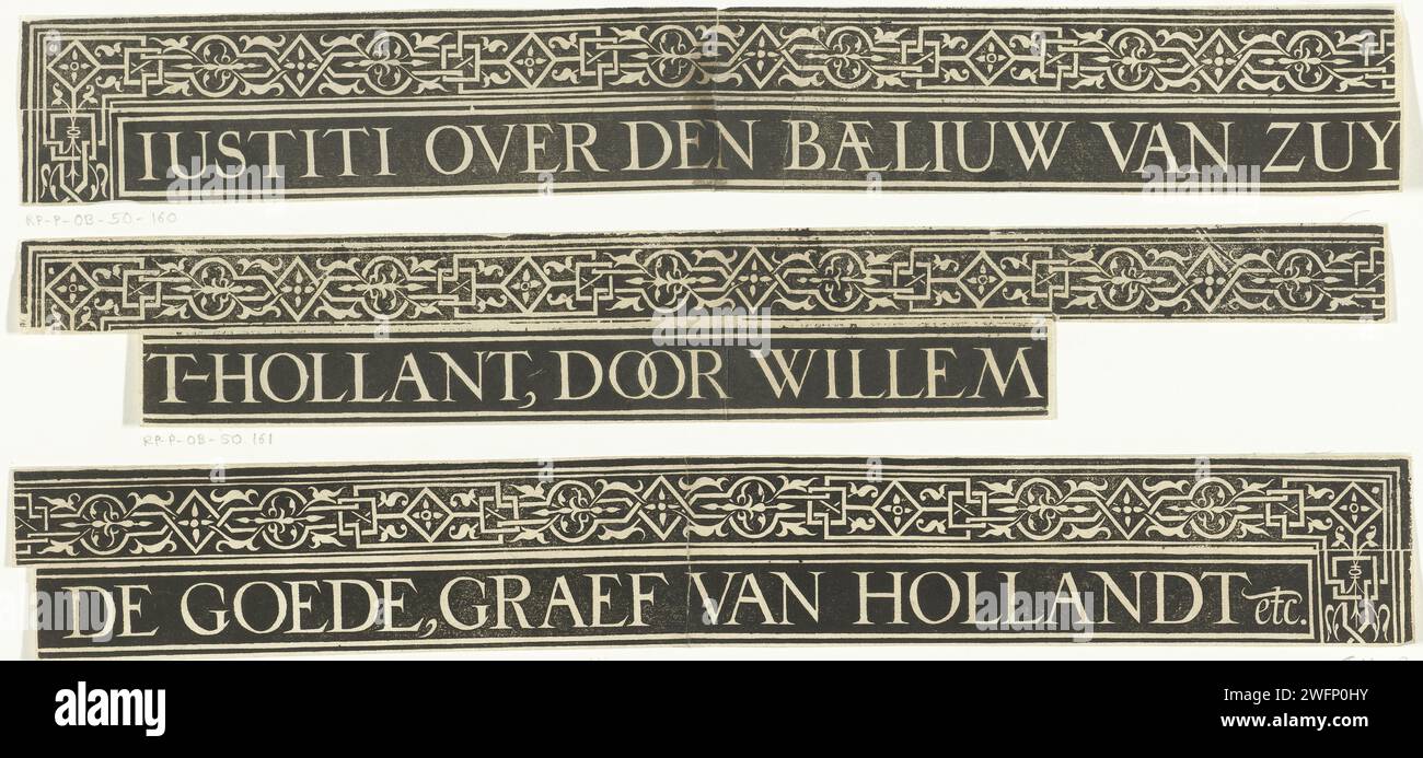 Bord ornemental avec titre, 1613 impression bord ornemental avec titre. Troisième des trois bandes de texte. À l'origine, ce titre était au-dessus de la grande performance centrale dans l'impression de l'histoire de la magistrature Guillaume III en l'an 1336. papier Banque D'Images
