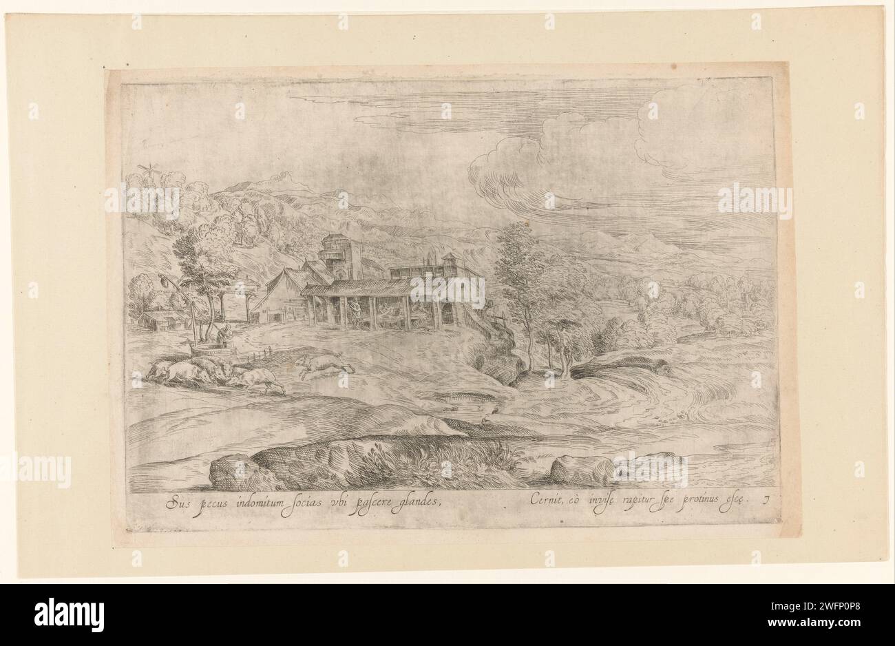 Paysage fluvial avec scierie, anonyme, d'après Domenico Campagnola, d'après Titien, c. 1600 - c. 1699 imprimer large paysage vallonné avec une scierie. Au premier plan sur le cochon gauche autour d'une auge avec de la nourriture. Titre en latin en STUDMARGE. Numéroté ci-dessous : 7. Italie papier gravure des paysages. sanglier (porc mâle). scieries (ouvrages) Banque D'Images