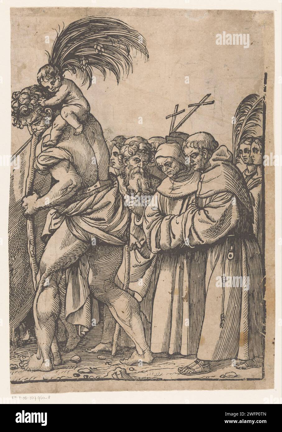 Triomphe du Christ (huitième partie), Andrea Andreani, d'après Titien, c. 1568 - 1629 imprimer partie du triomphe du Christ avec le Saint Christoffel avec l'enfant Christ sur ses épaules. Au milieu : H. imprimeur : Romeafter design by : Italy Paper St. Christopher, avec le Christ enfant sur ses épaules, pataugeant dans l'eau et portant son bâton (palmier) ; parfois un ermite se tient sur la rive plus loin à côté d'une chapelle, une lanterne à la main Banque D'Images