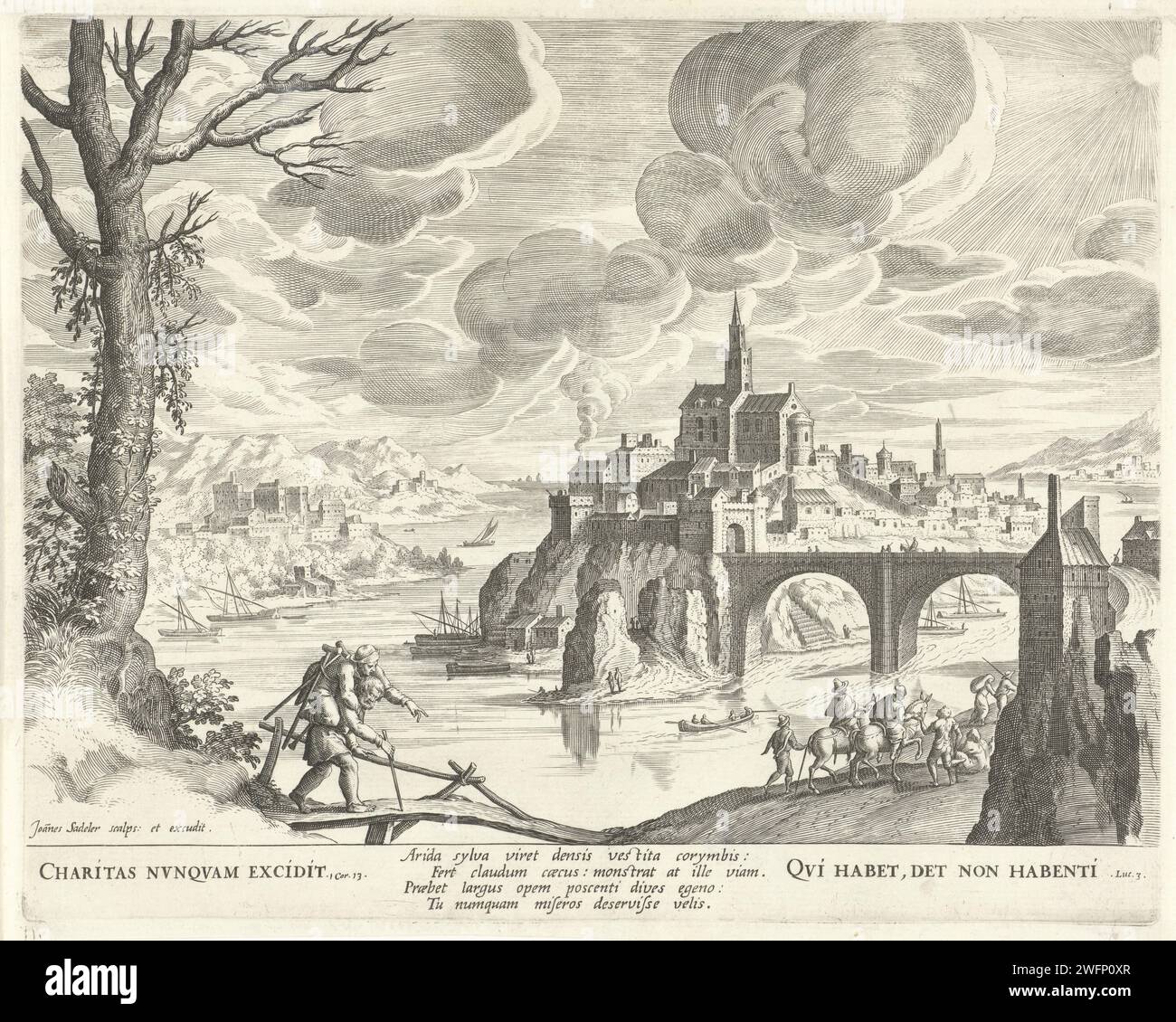 Paysage avec la Lamme menant l'aveugle, Johann Sadeler (I), 1560 - 1600 imprimer l'homme boiteux est assis sur le dos de l'aveugle qui court sur un pont le long d'une large rivière. Il lui montre la voie. En arrière-plan face à une ville avec une grande église et un pont. proverbes de gravure de papier inconnus, dictons, etc. rivière (+ paysage avec figures, personnel) Banque D'Images