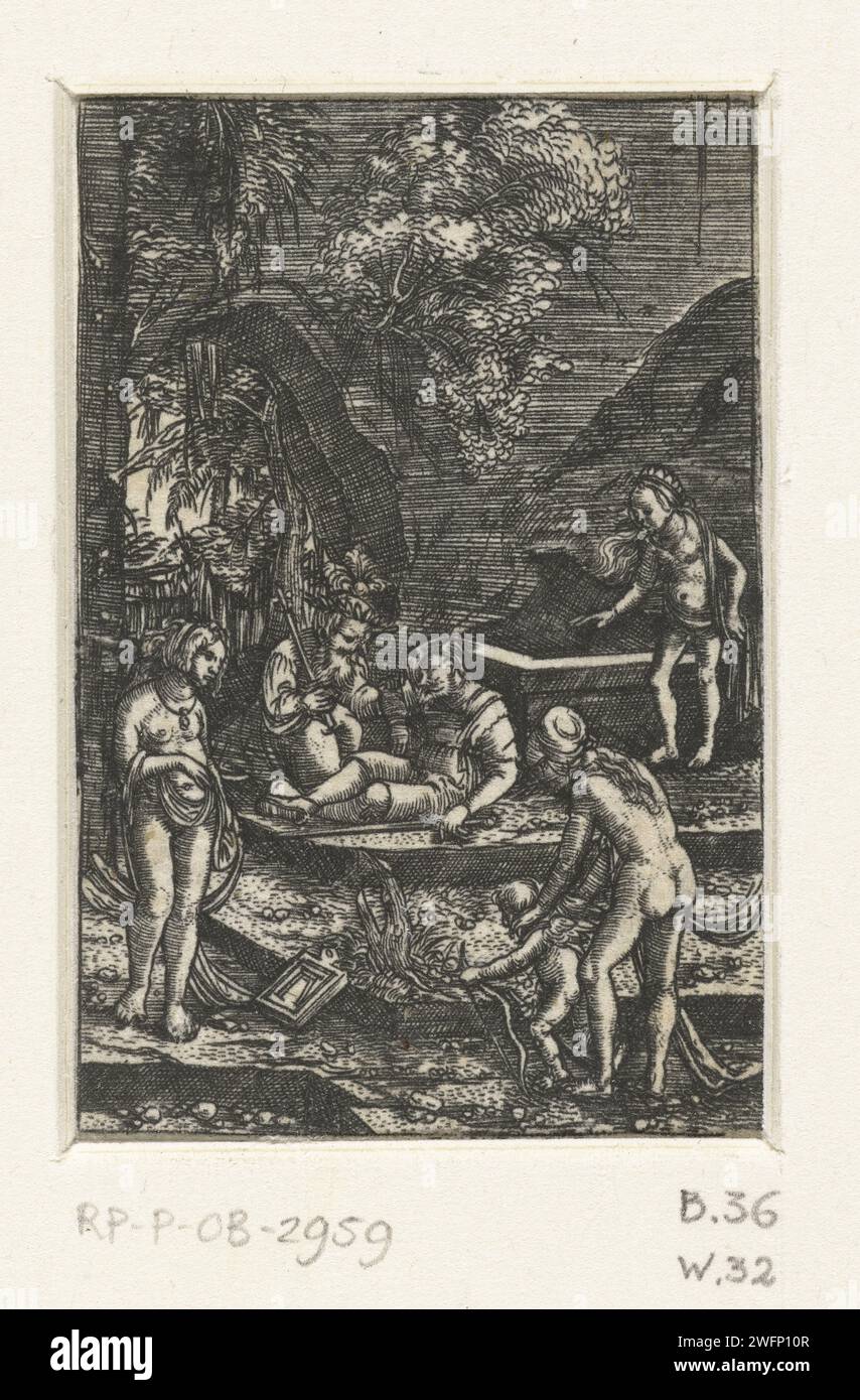 Droom van Paris, Albrecht Altdorfer, c. 1506 - 1538 imprimer Paris, avec une épée dans sa main et dormant sur le sol, est approché par Mercure dans son rêve. Les déesses Juno, Minerve et Vénus avec Cupido sont autour d'eux. Ils ont été amenés par Mercure et Paris devra choisir les plus beaux. Allemagne papier gravure le rêve de Paris Banque D'Images