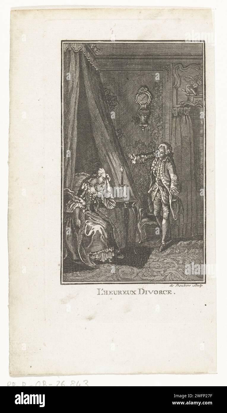De joyeuse séparation, N. de Boubers, d'après Hubert François Gravelot, après 1765 - c. 1780 imprimer Illustration pour l'histoire 'l'heureux divorce' de la collection d'histoires 'Contes Moreaus' de J.F. Marmontel. La jeune Lucilia est mariée à un vieux marquis. Son mariage M = ne correspond pas aux représentations romantiques qu'elle en a faites à l'école. Elle est triste dans sa chambre à une table près des chandelles. Imprimeur : Unknownafter design by : Paris papier gravure / gravure couple marié d'âge inégal Banque D'Images
