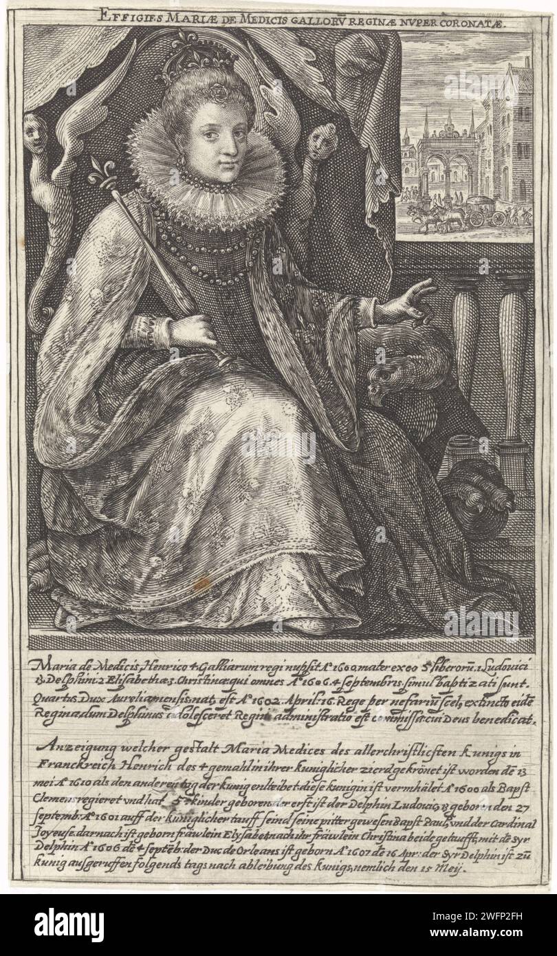 Portrait de Maria de 'Medici, Crispijn van de passe (I), dans ou après 1610 - 1637 tirage Portrait de Maria de 'Medici, Reine de France. Elle est assise sur un trône et fait un geste de bénédiction avec sa main gauche. En arrière-plan, l'entrée de Maria de 'Medici. Dans la marge, une légende de quatre lignes en latin et une légende de huit lignes en allemand qui fait référence à son mariage et à ses enfants. Pendentif d'un portrait de Louis XIII chariot de gravure de papier inconnu, voiture triomphale Banque D'Images