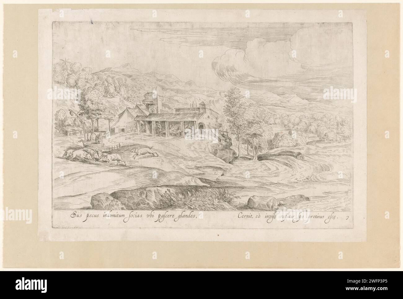 Paysage fluvial avec scierie, anonyme, d'après Domenico Campagnola, d'après Titien, c. 1600 - c. 1699 imprimer Paysage vallonné des prairies avec une scierie sur une rivière. Au premier plan sur le cochon gauche autour d'une auge avec de la nourriture. Titre en latin en STUDMARGE. Italie papier gravure des paysages. sanglier (porc mâle). scieries (ouvrages) Banque D'Images
