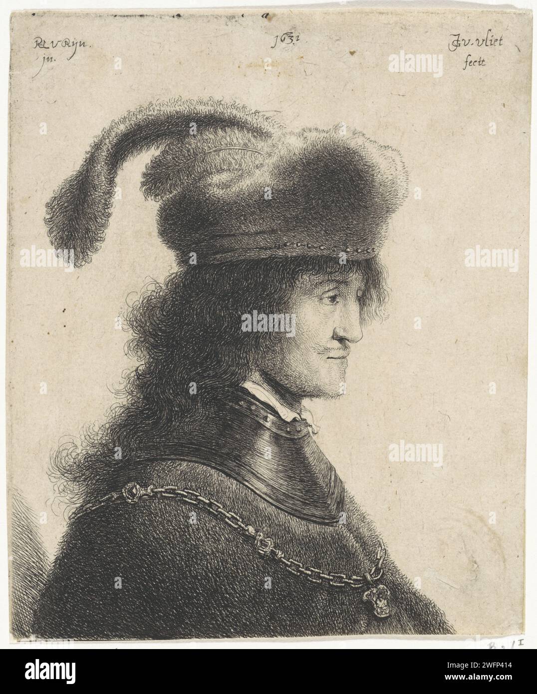 Buste d'homme avec cou et chapeau avec ferry (George Rakaczy I), Jan Gillisz. Van Vliet, d'après Rembrandt van Rijn, buste imprimé en 1631 à droite. Tête avec les cheveux longs sous un chapeau avec un grand ressort. Chaîne officielle autour du cou. Leiden papier gravure / gravure tête-équipement : casquette (+ plumes utilisées pour les vêtements). casque : casquette (+ vêtements pour hommes). cou-équipement : col (+ vêtements pour hommes). collier (+ vêtements pour hommes). coiffure Banque D'Images