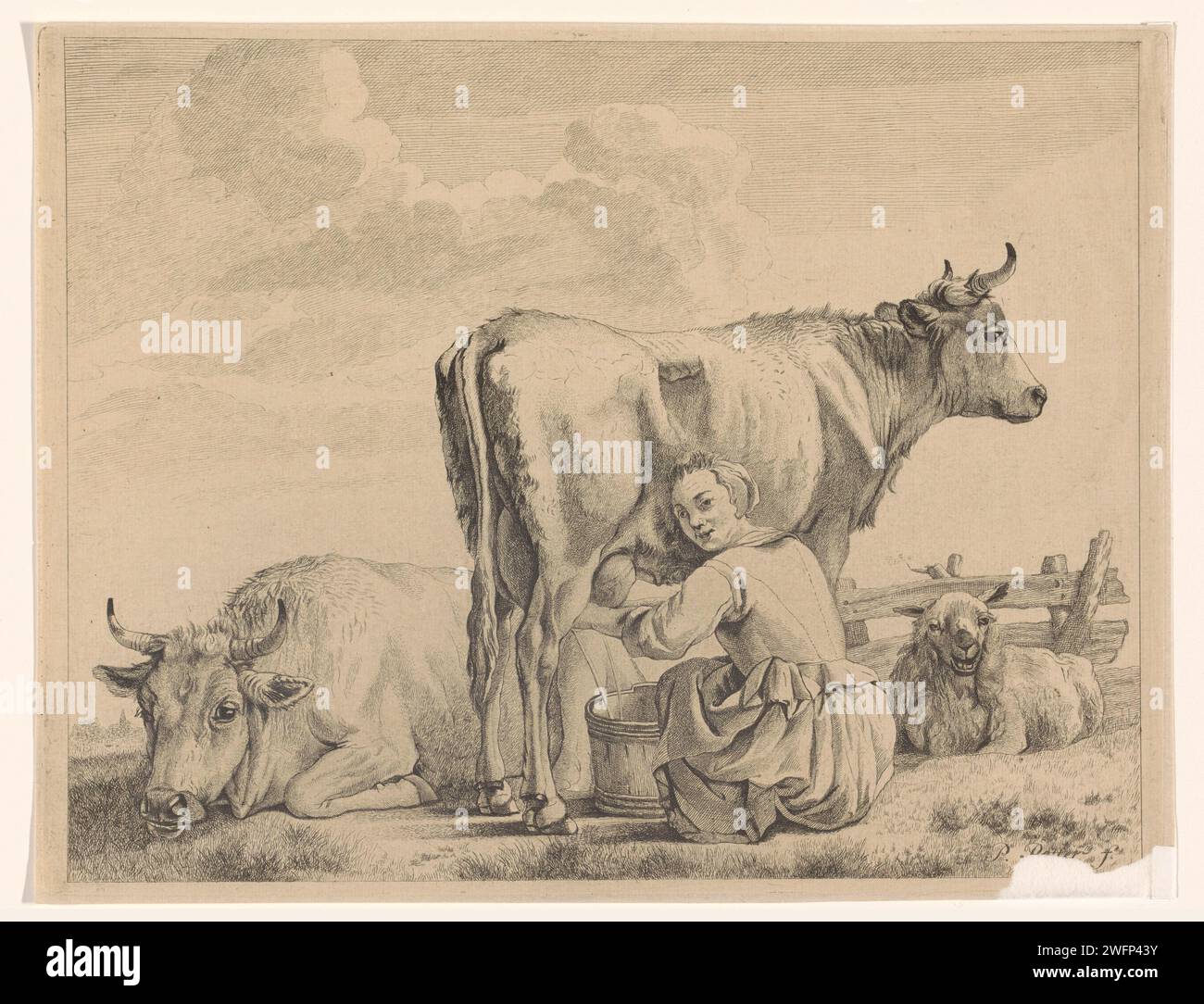 Melkmeid, Pieter de Mare, d'après Paulus Potter, 1768 - 1796 imprimer Une femme trayeuse assise dans deux vaches et un mouton. Leiden paper mordant la traite. milkmaid. vache Banque D'Images