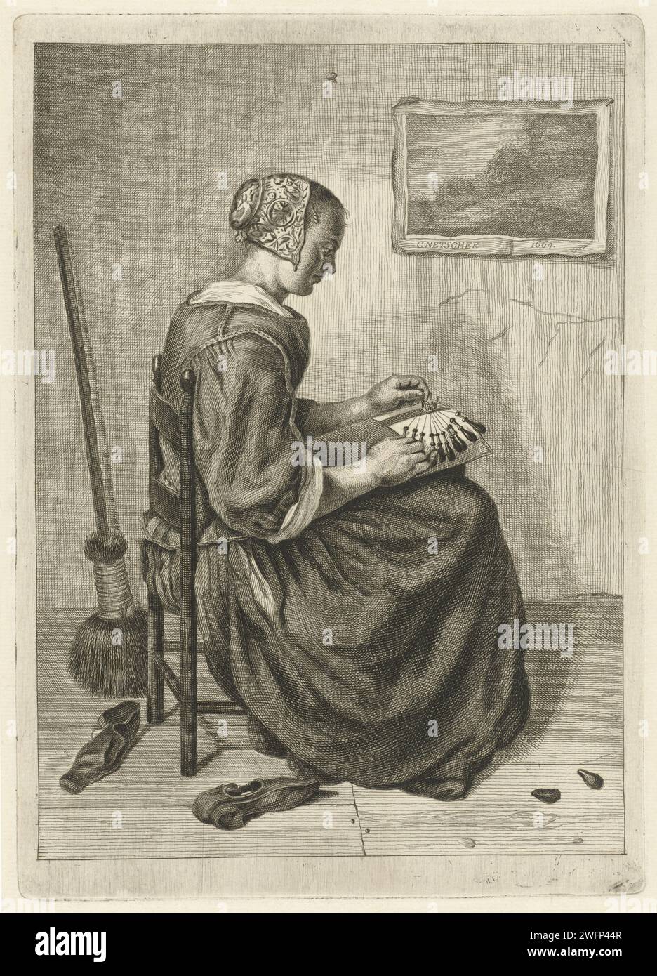 Côté fabricant, Pieter de Mare, d'après Caspar Netscher, 1768 - 1796 impressions Leiden gravure sur papier / gravure dentelle-fabrication Banque D'Images
