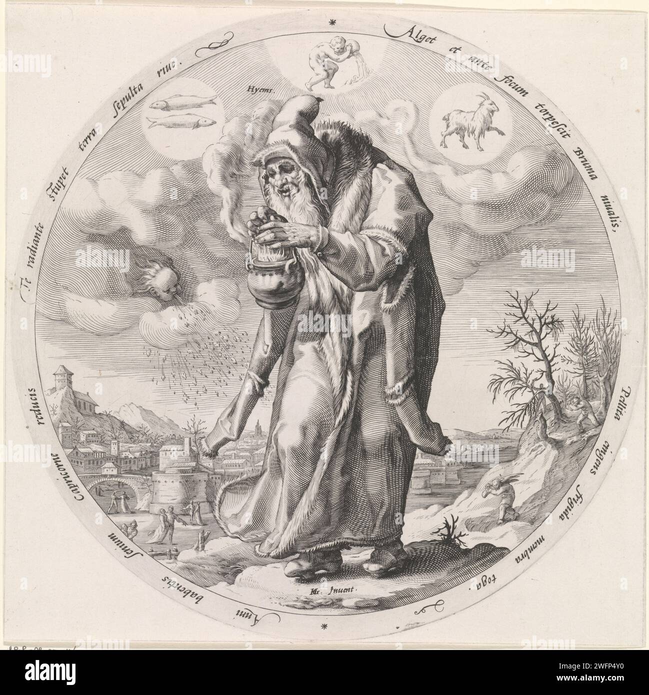 Hiver (hyèmes), Jacob Matham, d'après Hendrick Goltzius, 1589 impression personnification de l'hiver : un vieil homme dans un manteau avec de la fourrure, se réchauffant à un essai de feu. Les figures coupent du bois en arrière-plan et le plaisir est fait sur la glace.au sommet des signes correspondants du zodiaque : pêche, waterman et Capricorne. Haarlem gravure sur papier hiver, 'Hyems' ; 'INVERNO' (RIPE) Banque D'Images