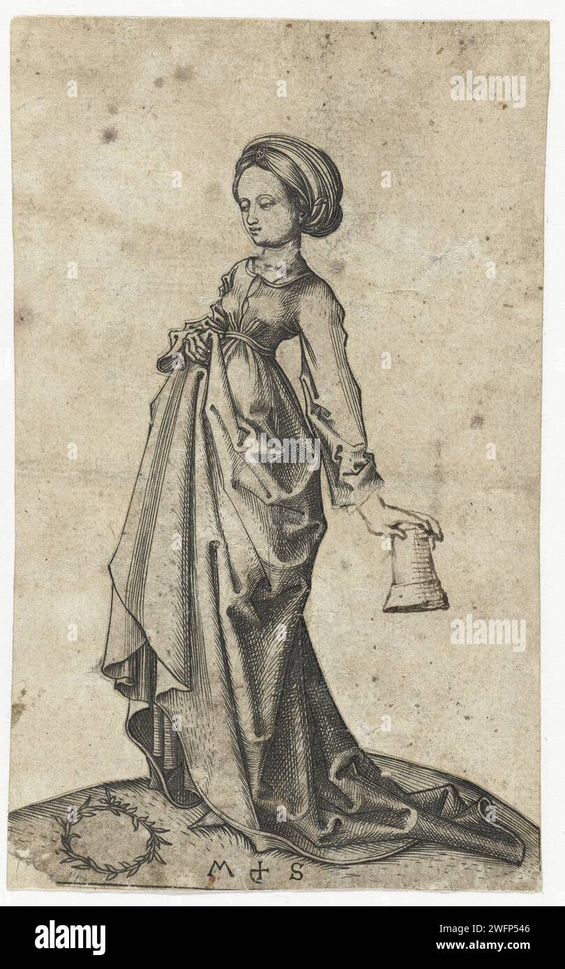 La deuxième Vierge insensée, Martin Schongauer, c. 1470 - 1491 imprime une des cinq vierges insensées de la parabole biblique, une lampe à huile à son tour en main, avec l'autre main un pli de sa jupe. La fille est découpée et collée sur un autre magazine ; sa main avec la lumière n'est apparemment pas bien venue et signée. Cette estampe fait partie d'une série de dix estampes, cinq avec des vierges sages et cinq avec des vierges folles. Allemagne gravure sur papier représentation de vierge(s) folle(s) Banque D'Images