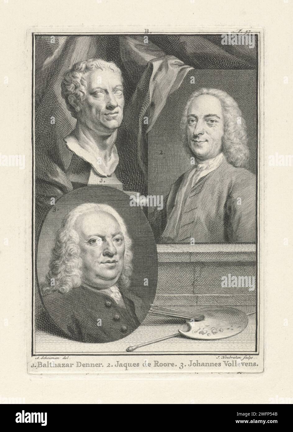 Portraits de Balthasar Denner, Jaques Ignatius de Roore et Johannes Vollevens, Jacob Houbraken, d'après Aert Schouman, gravure sur papier d'Amsterdam en 1751 Banque D'Images
