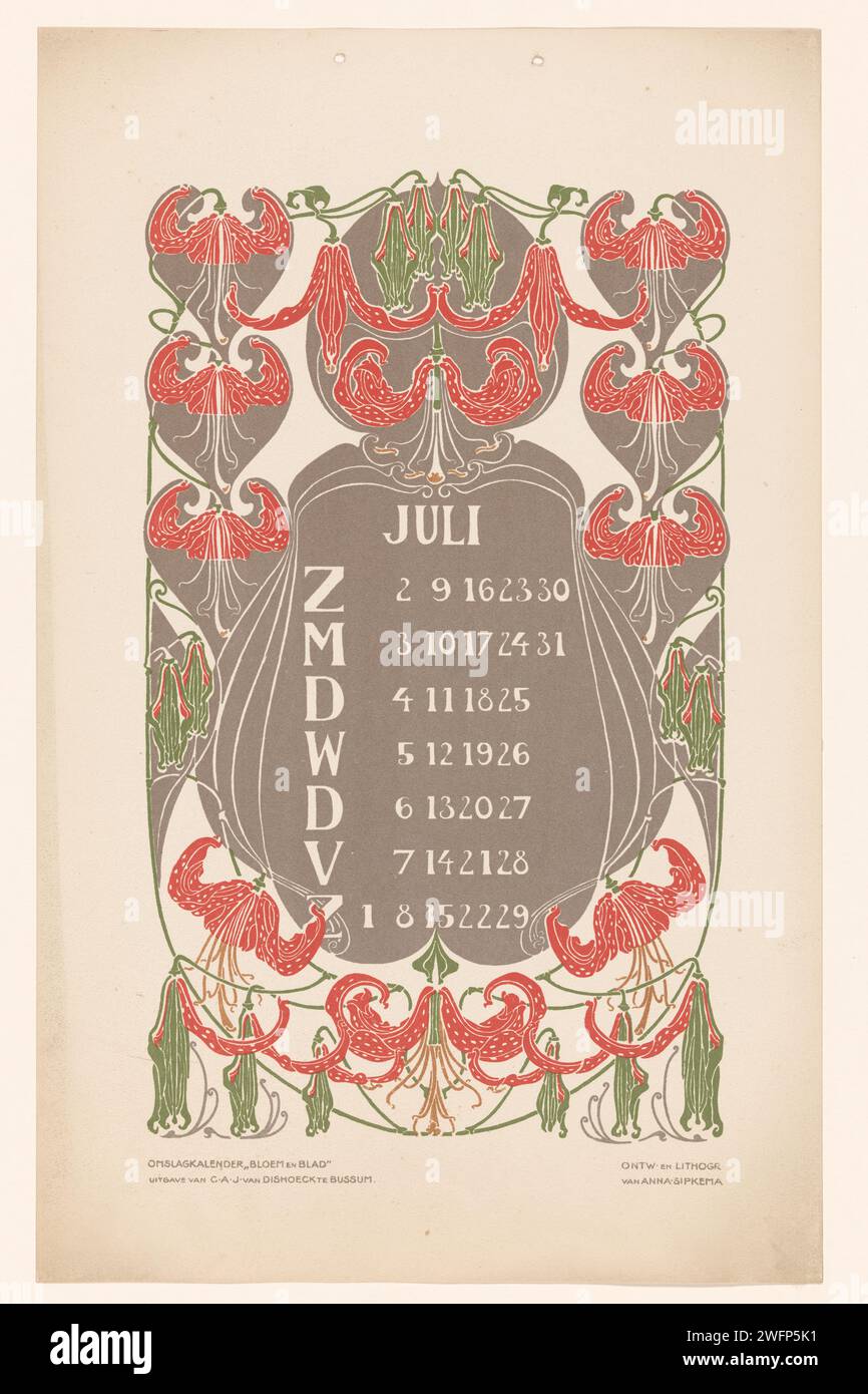 Calendern juillet avec des orchidées, Anna Sipkema, avant 1905 imprimer au sommet de la feuille deux trous. Bussum paper juillet  autres concepts. fleurs : orchidée Banque D'Images