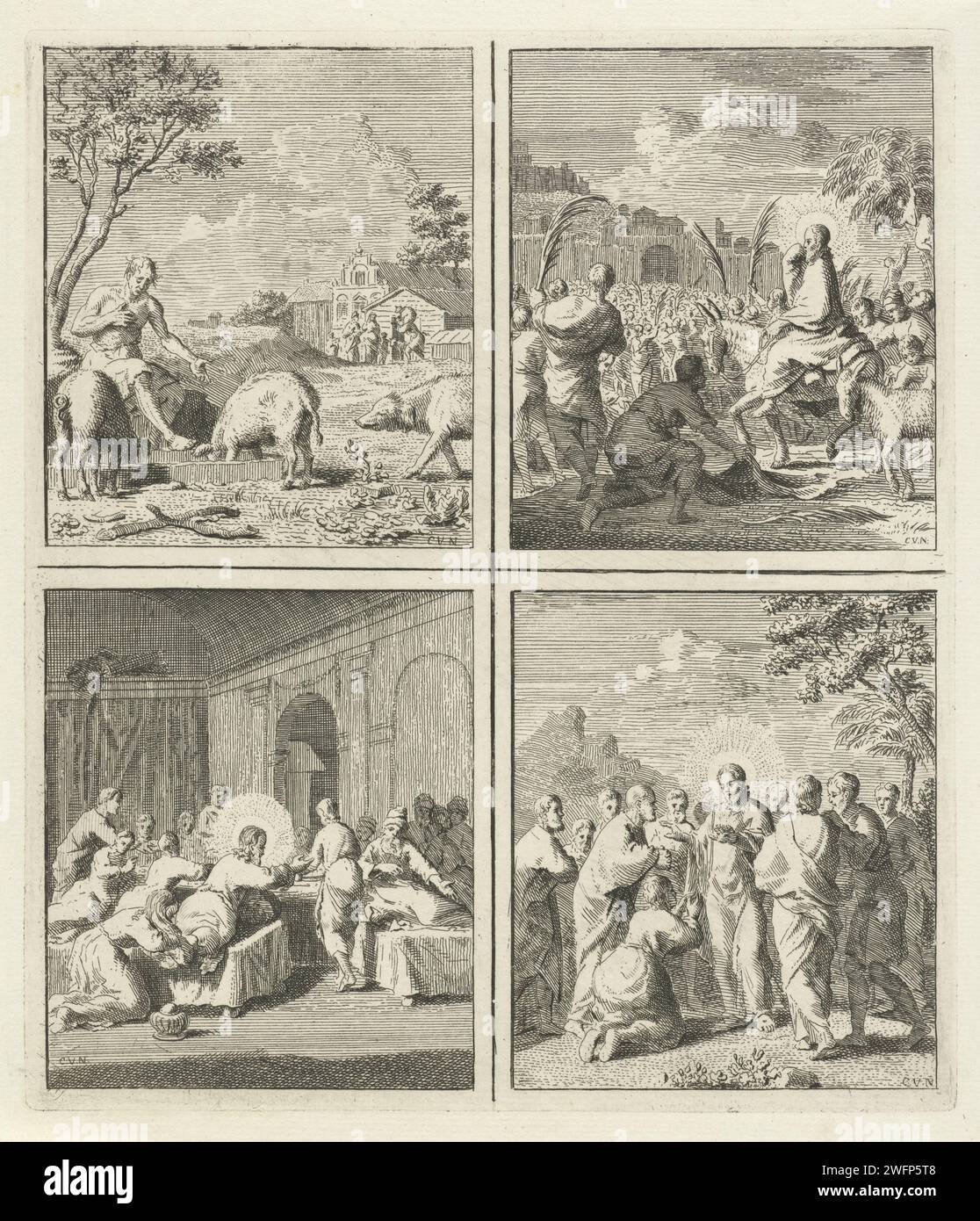 Fils perdus / l'entrée du Christ à Jérusalem / Maria Magdalena oints the Feet of Christ / émission des disciples, Cornelis van Noorde, en 1767 ou avant impression de quatre représentations. En haut à gauche : le fils perdu chez les cochons. En haut à droite : Christ entre à Jérusalem sur un âne, tandis que les gens aux branches de palmier agitent et mettent leurs manteaux sur le sol pour lui. En bas à gauche : Maria Magdalena toint les pieds du Christ et sèche avec ses cheveux. En bas à droite : la montée Christ transmet ses disciples. Haarlem papier gravure le fils prodigue s'occupe des porcs et mange de leur auge. Entrée dans Jerusa Banque D'Images