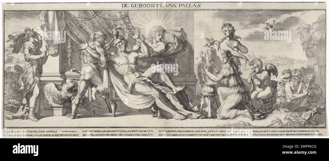 Naissance de Pallas, Jan van Vianen, 1693 print Minerva est née de Jupiter. Il est aidé par la hache du Vulcanus estropié et est tenu par Apollon. Nord des pays-Bas gravure sur papier / gravure (histoire de) Pallas - naissance Banque D'Images